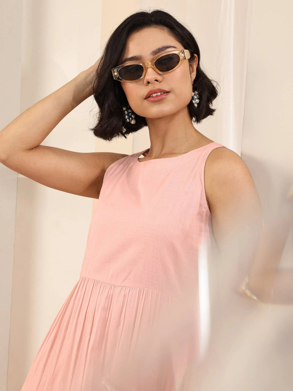 Libas Peach Solid Cotton Fit and Flare One Piece Dress