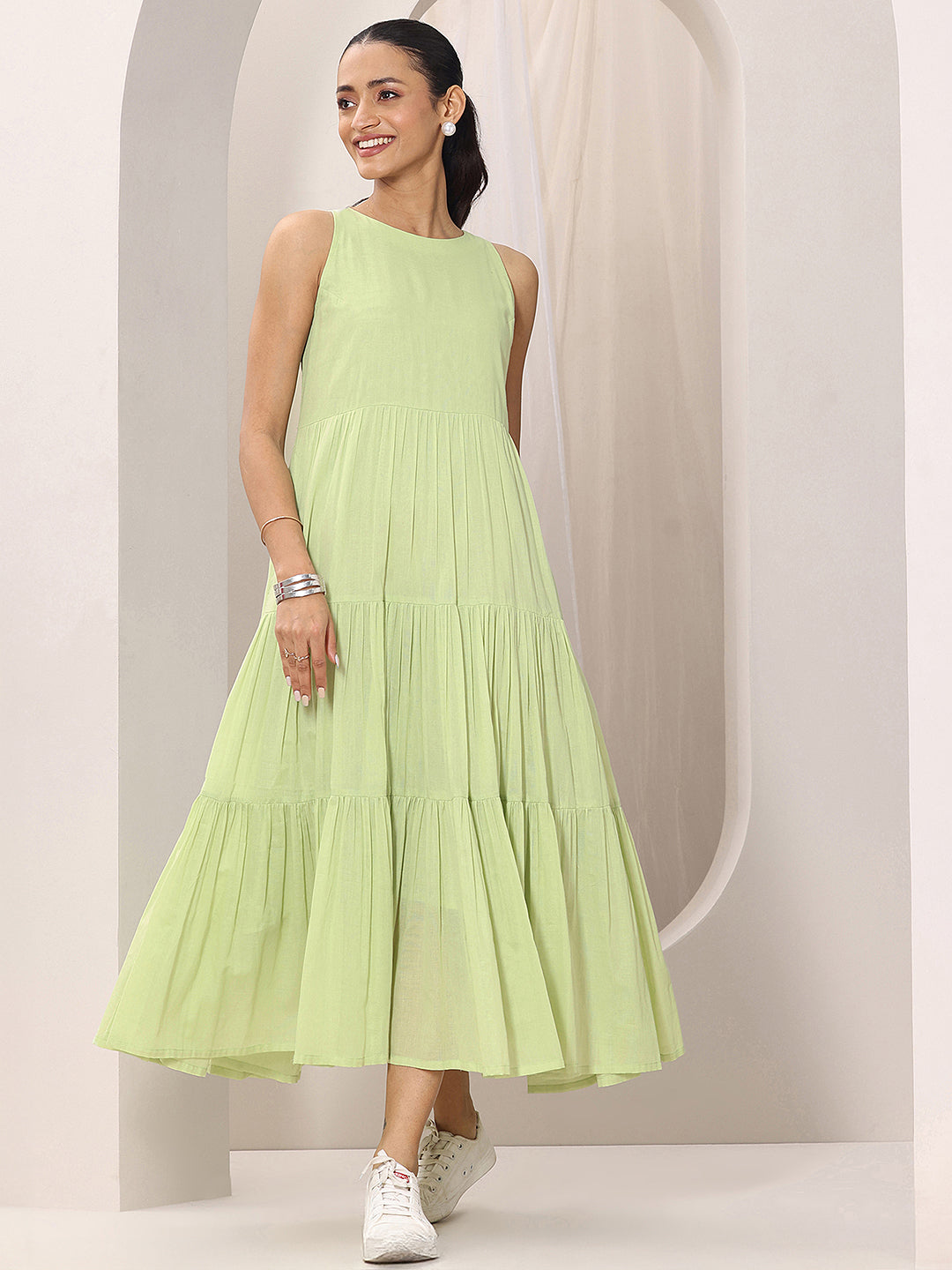 Libas Green Solid Cotton Tiered Fit and Flare One Piece Dress
