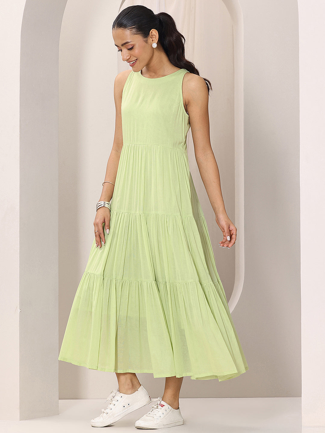 Libas Green Solid Cotton Tiered Fit and Flare One Piece Dress