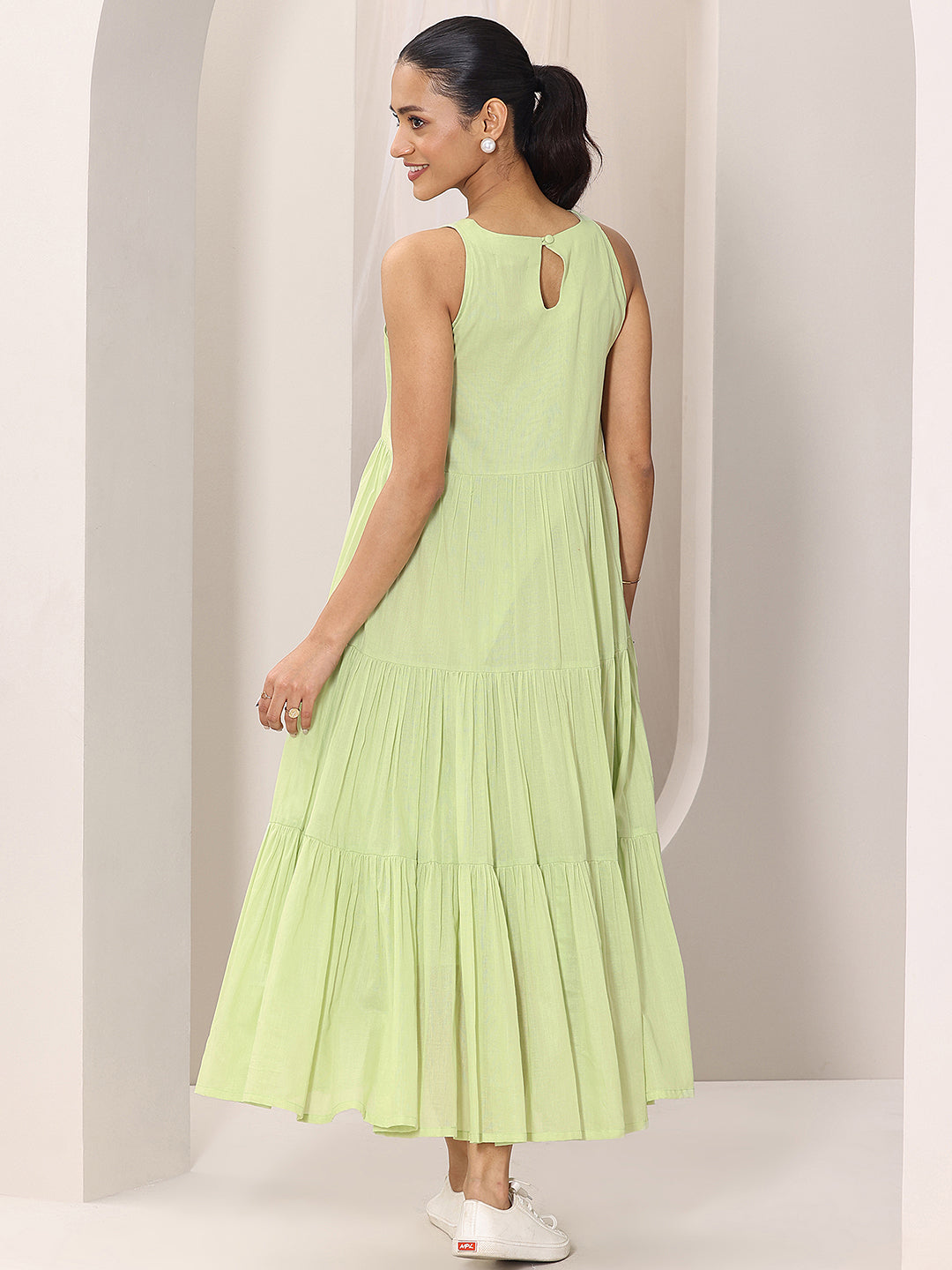 Libas Green Solid Cotton Tiered Fit and Flare One Piece Dress