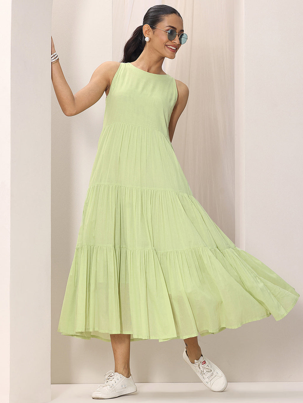 Libas Green Solid Cotton Tiered Fit and Flare One Piece Dress