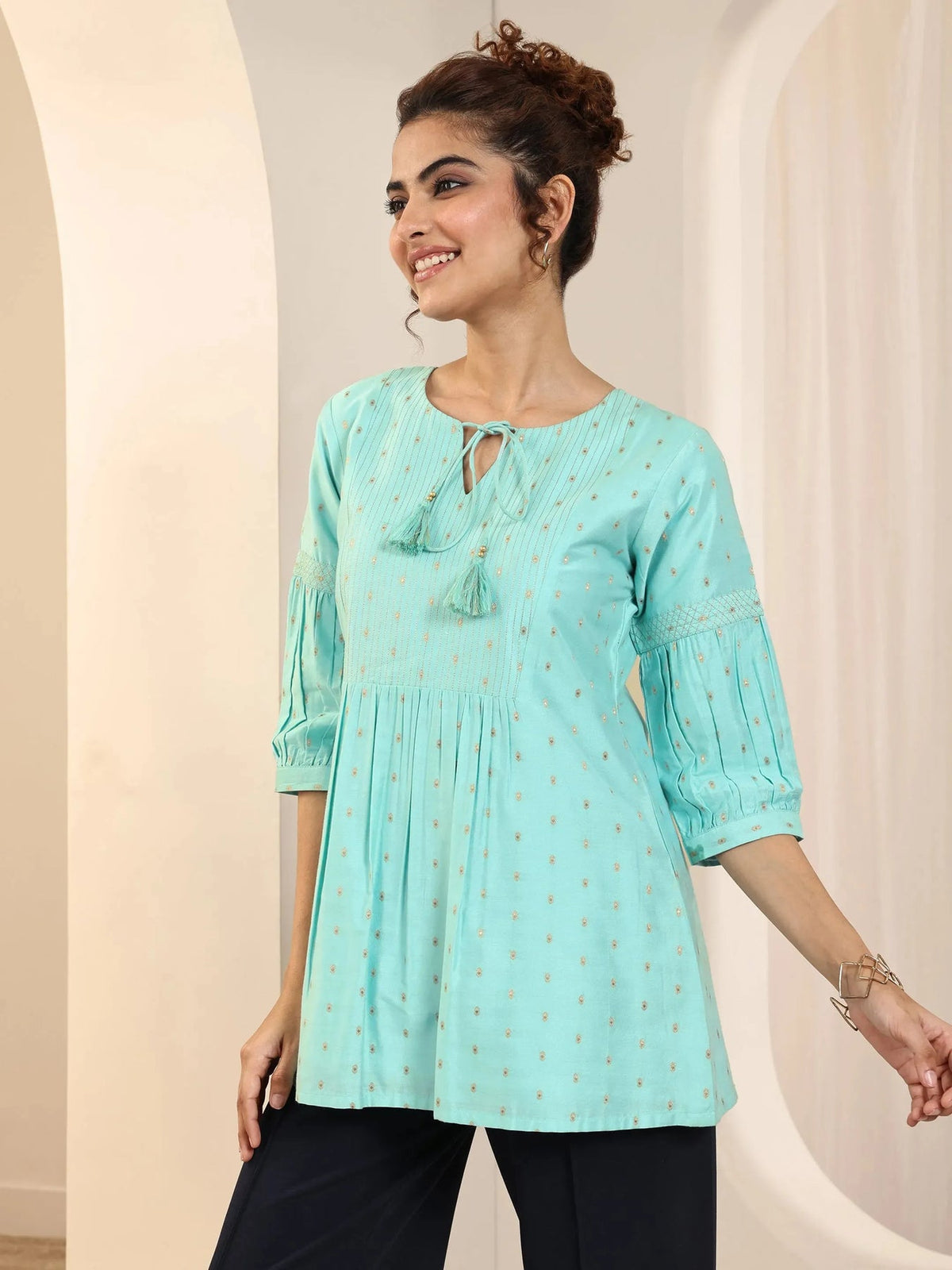 Gerua Blue Woven Design A-Line Short Kurti P23