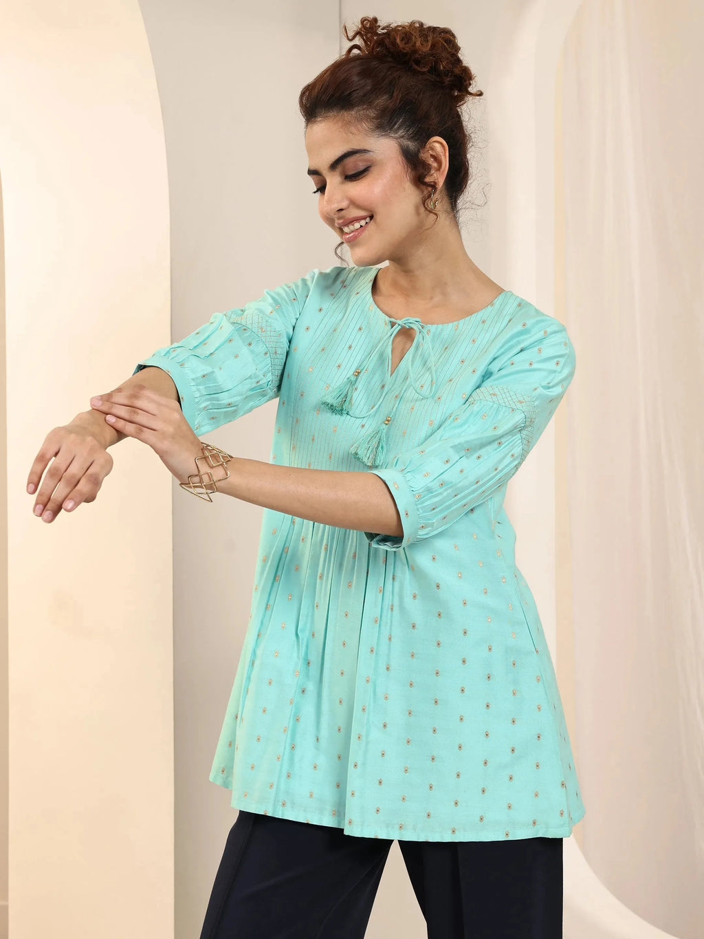 Gerua Blue Woven Design A-Line Short Kurti P23