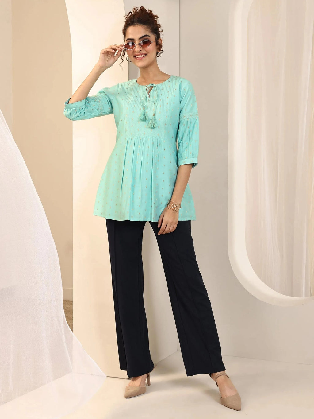 Gerua Blue Woven Design A-Line Short Kurti P23
