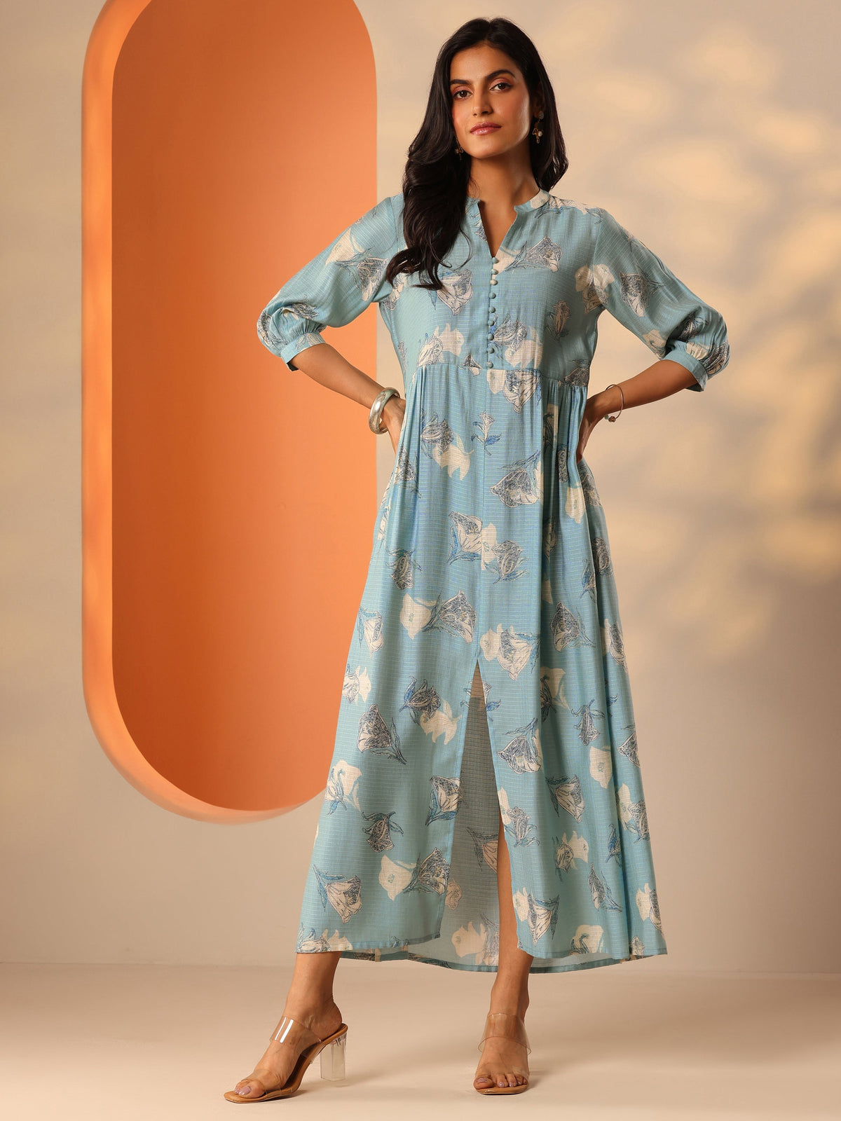 Gerua Blue Printed Silk Blend Fit And Flare One Piece Dress
