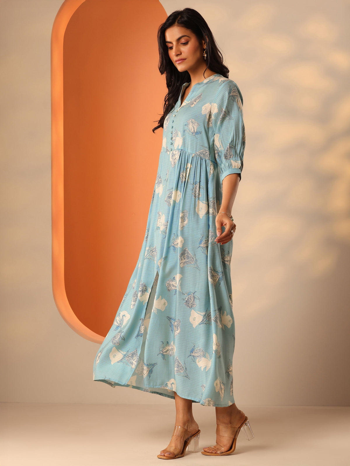 Gerua Blue Printed Silk Blend Fit And Flare One Piece Dress