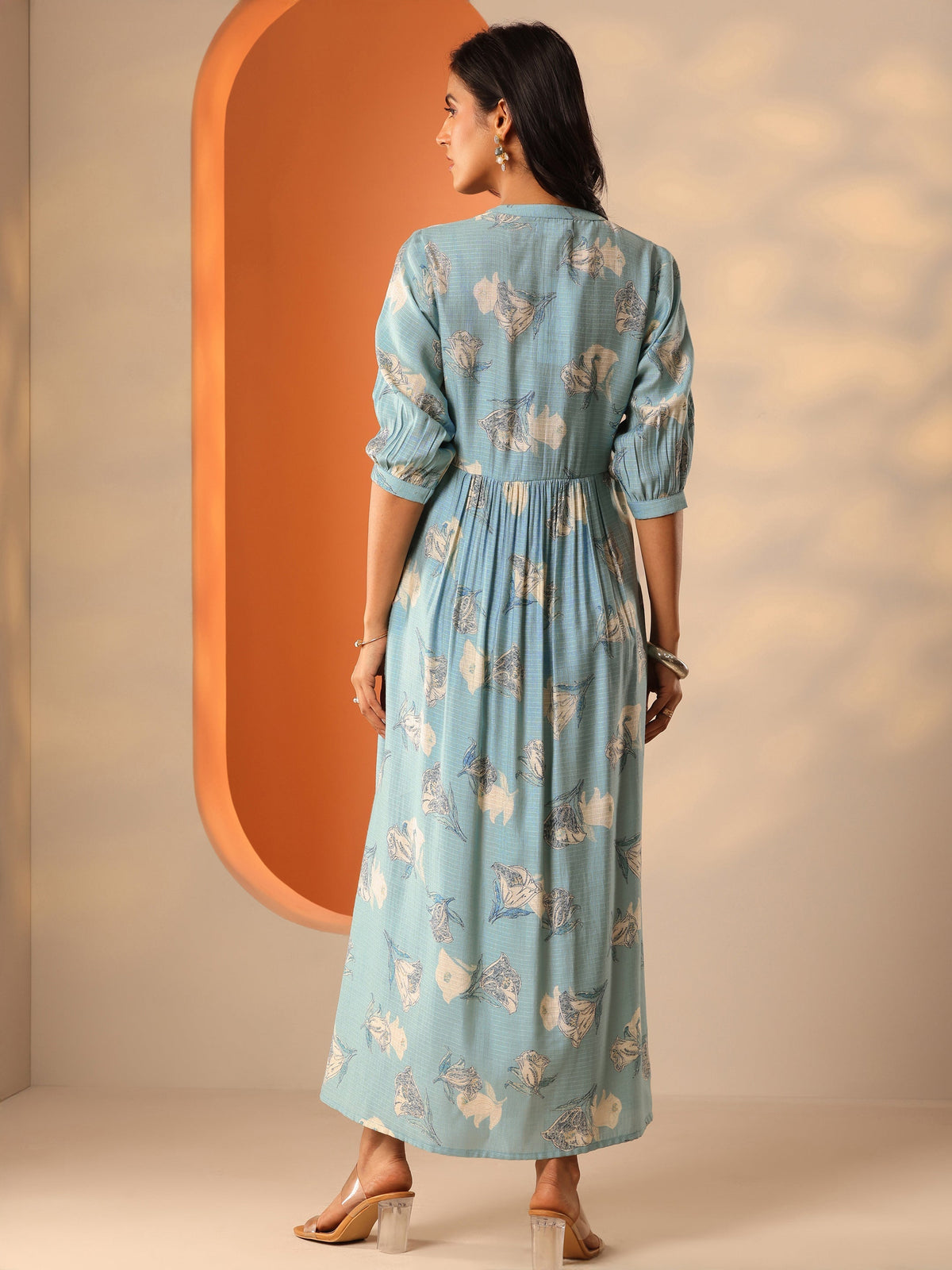 Gerua Blue Printed Silk Blend Fit And Flare One Piece Dress