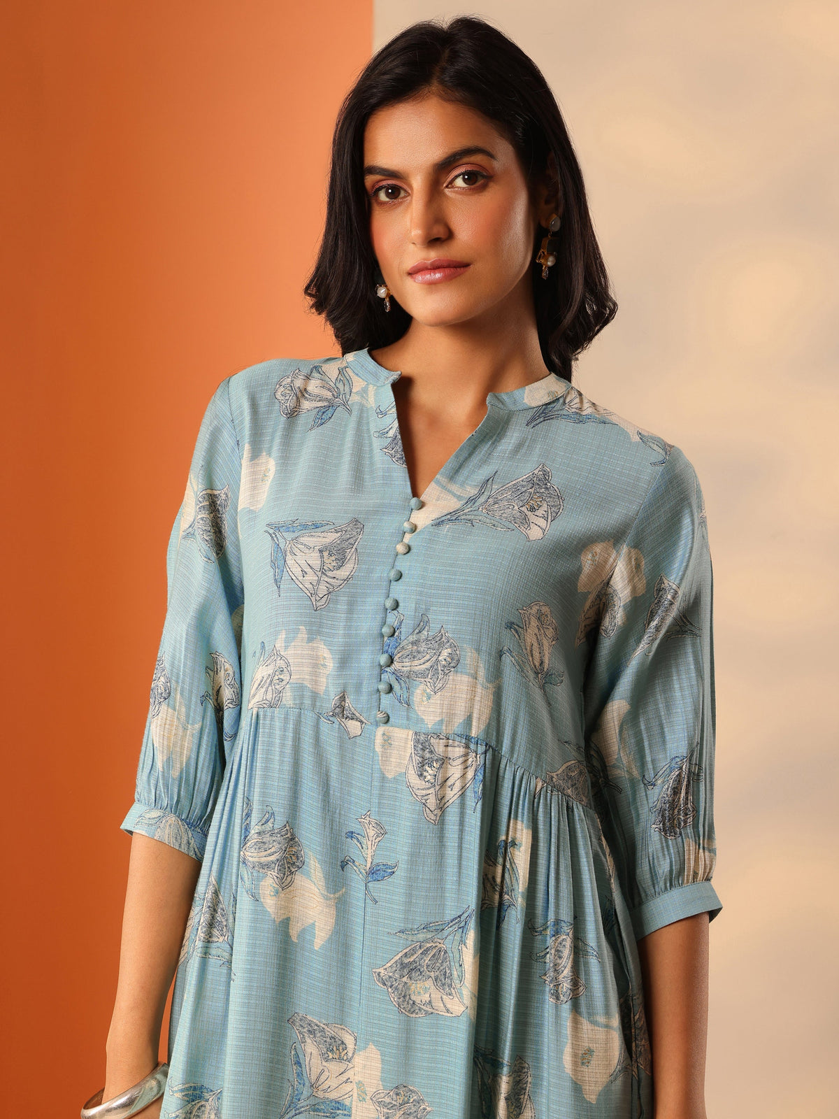Gerua Blue Printed Silk Blend Fit And Flare One Piece Dress
