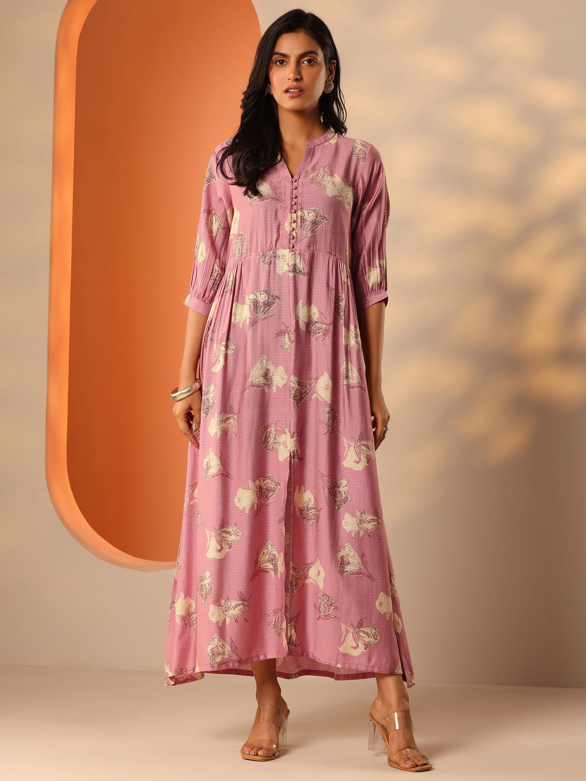 Gerua Pink Printed Silk Blend Fit And Flare One Piece Dress
