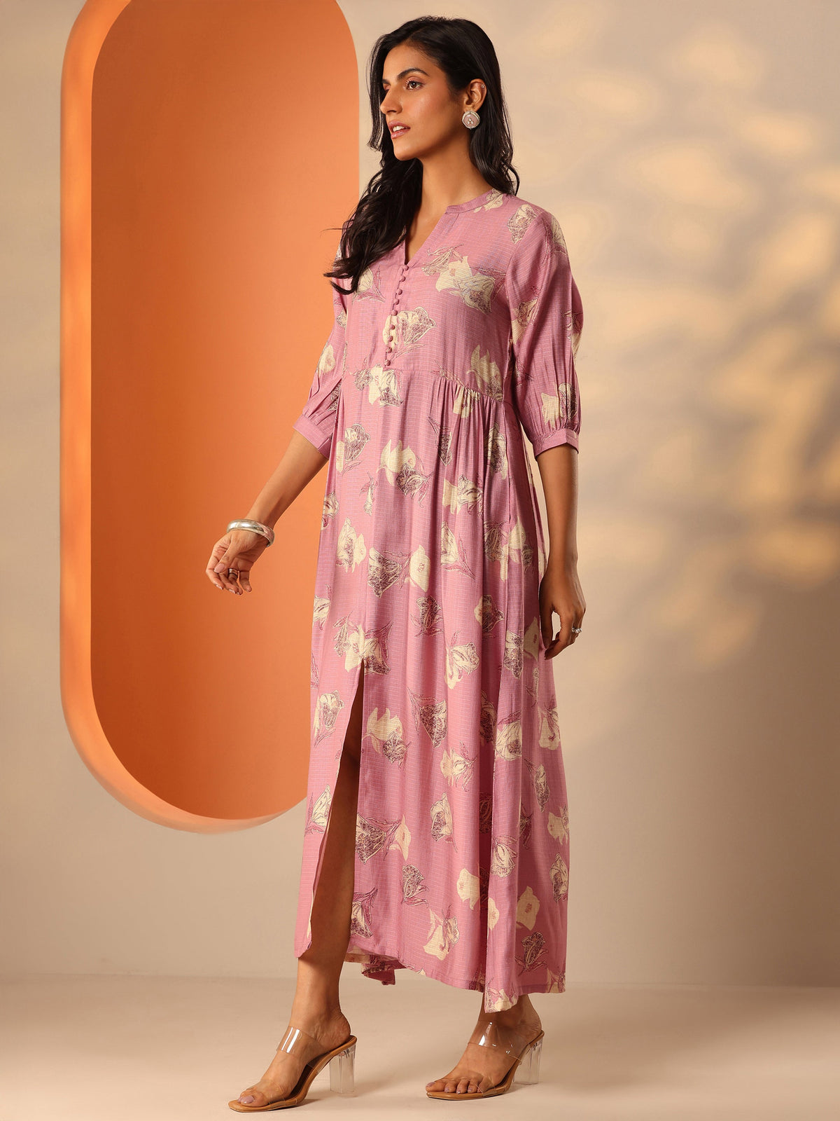 Gerua Pink Printed Silk Blend Fit And Flare One Piece Dress