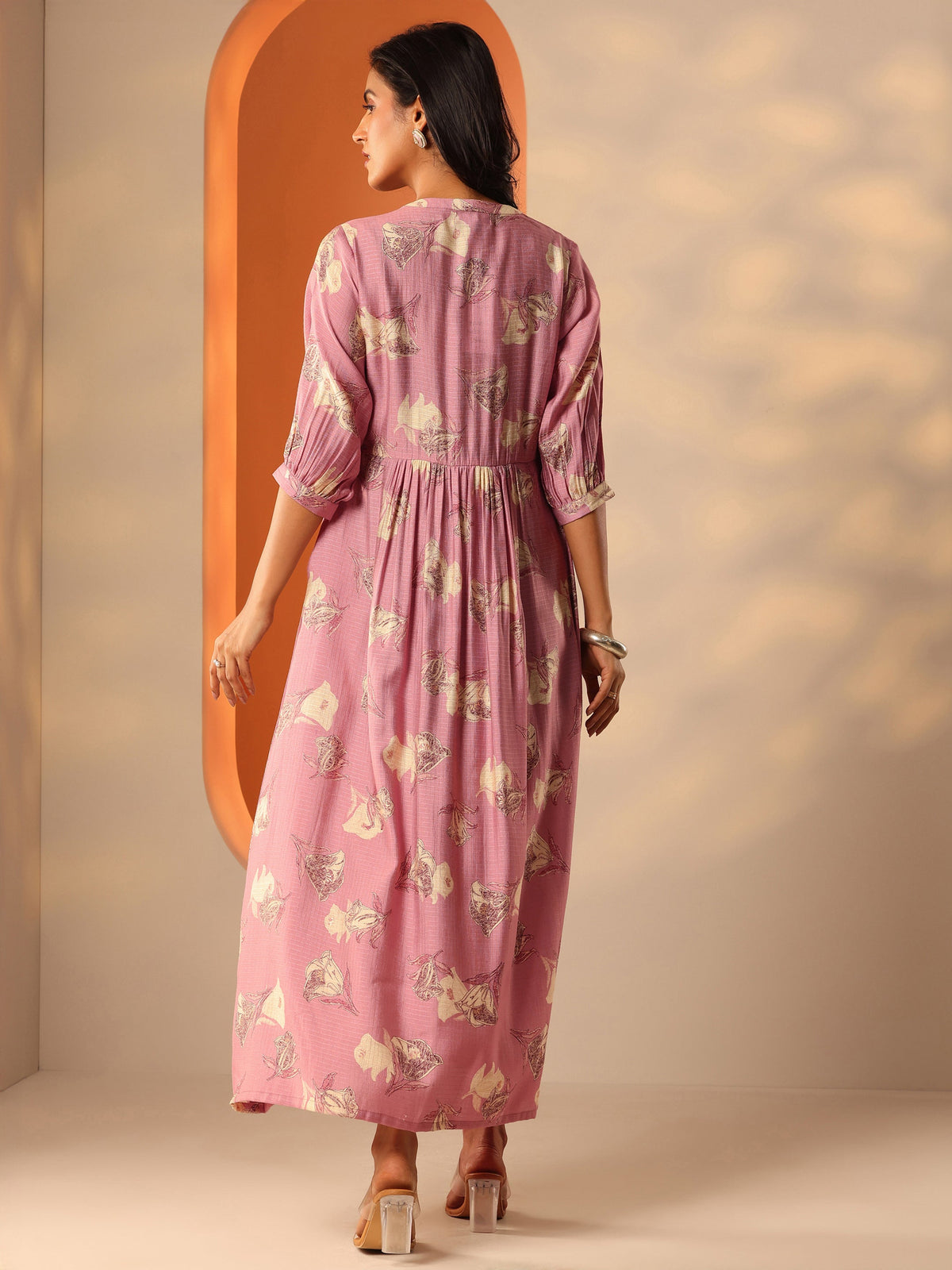 Gerua Pink Printed Silk Blend Fit And Flare One Piece Dress