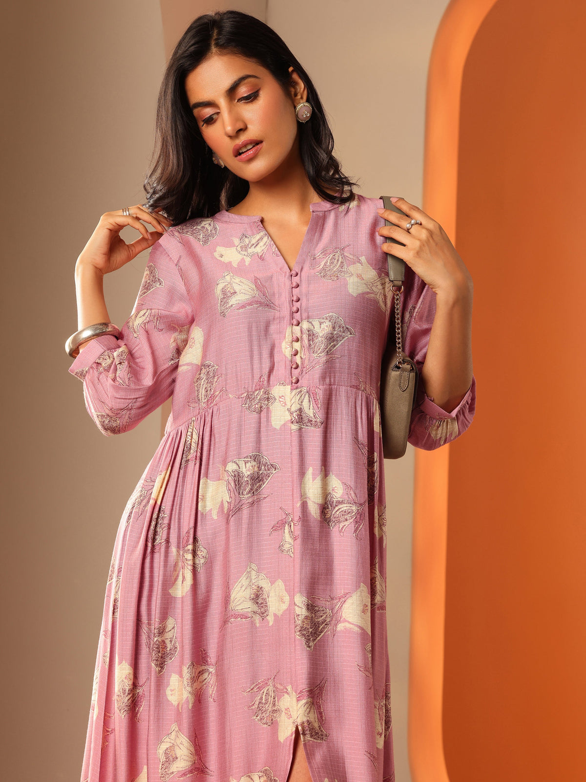 Gerua Pink Printed Silk Blend Fit And Flare One Piece Dress