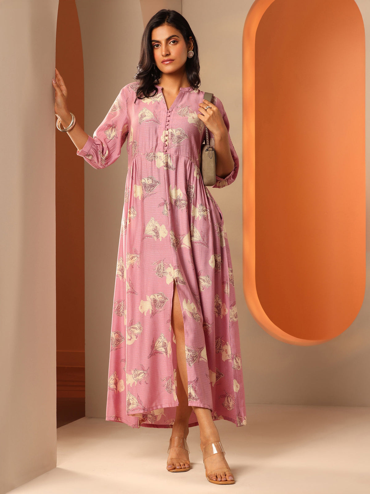 Gerua Pink Printed Silk Blend Fit And Flare One Piece Dress