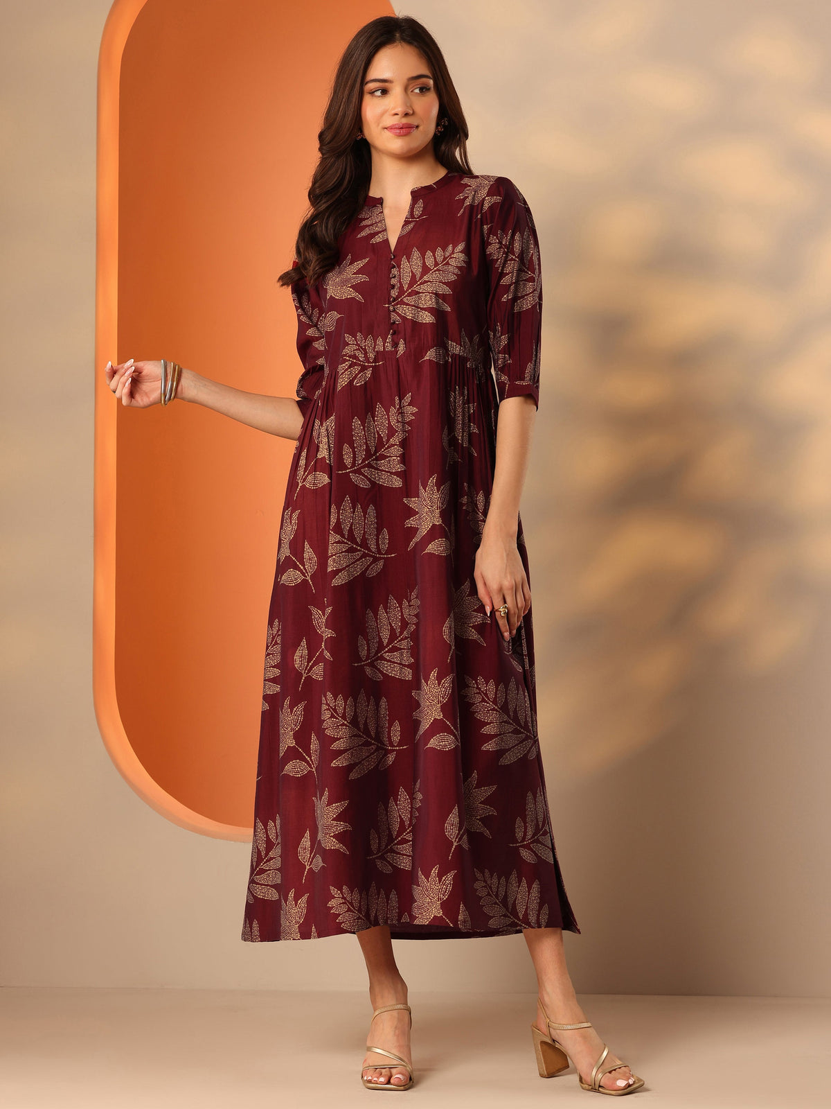 Libas Maroon Printed Silk Blend Fit And Flare One Piece Dress