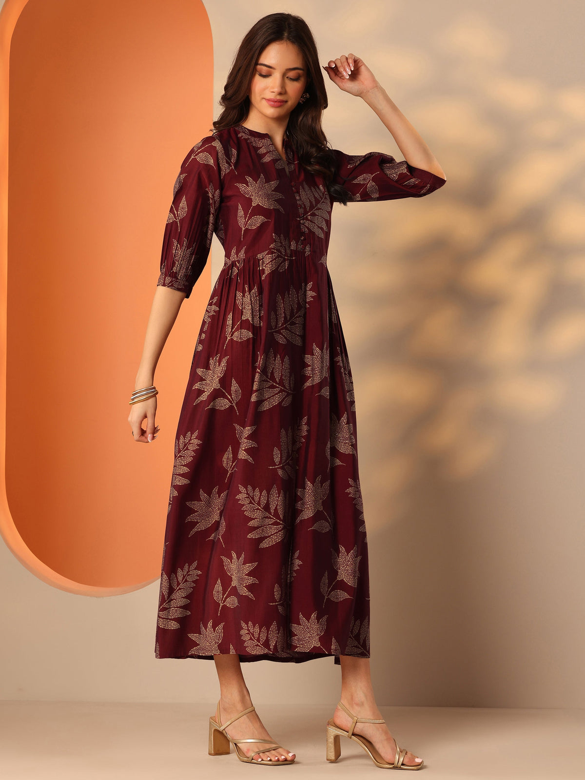 Libas Maroon Printed Silk Blend Fit And Flare One Piece Dress