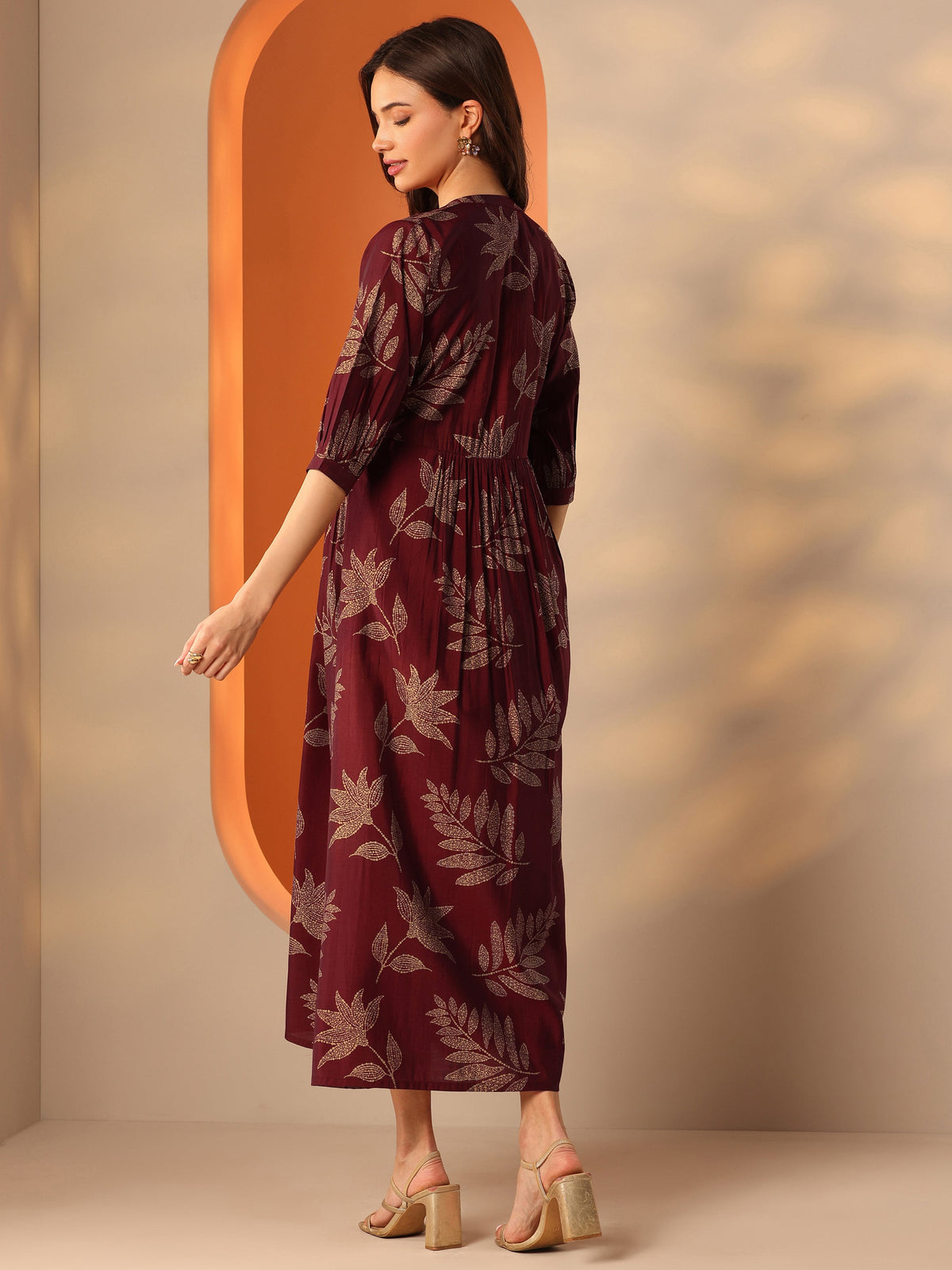 Libas Maroon Printed Silk Blend Fit And Flare One Piece Dress