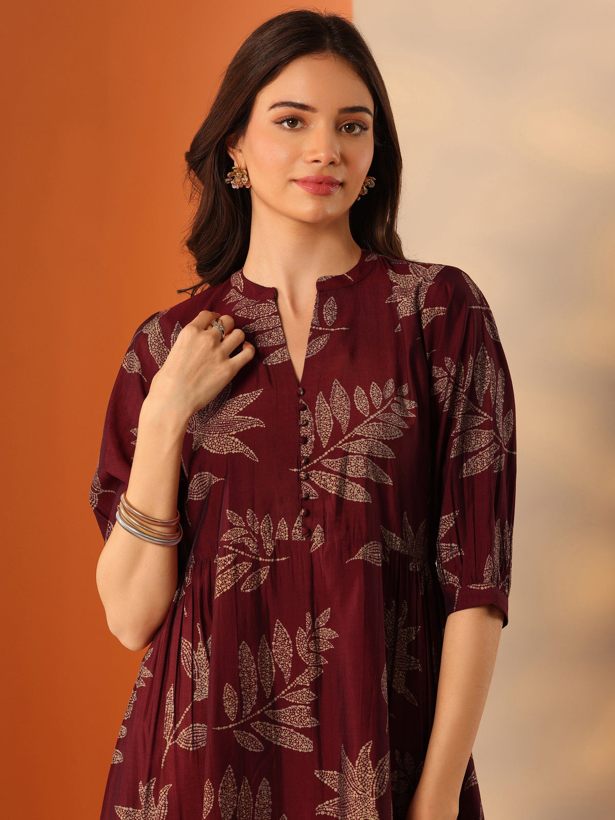 Libas Maroon Printed Silk Blend Fit And Flare One Piece Dress