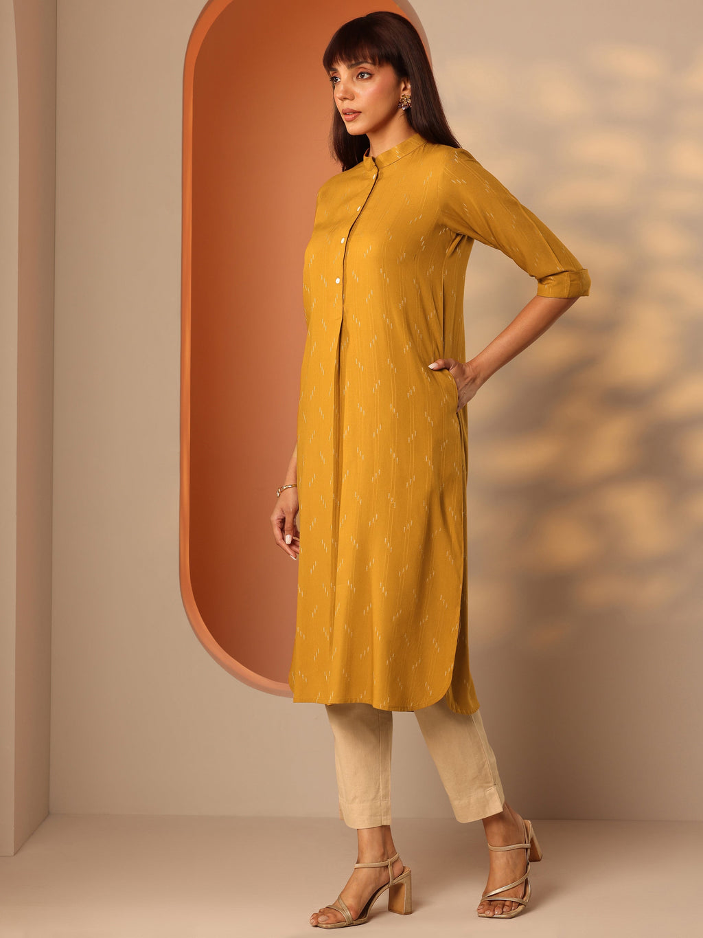 Gerua Mustard Woven Design Rayon Straight Kurta