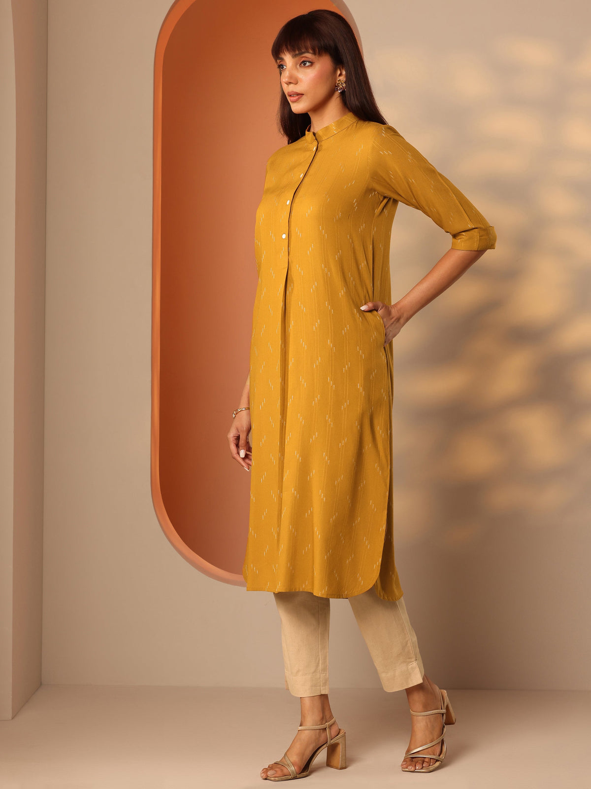 Gerua Mustard Woven Design Rayon Straight Kurta
