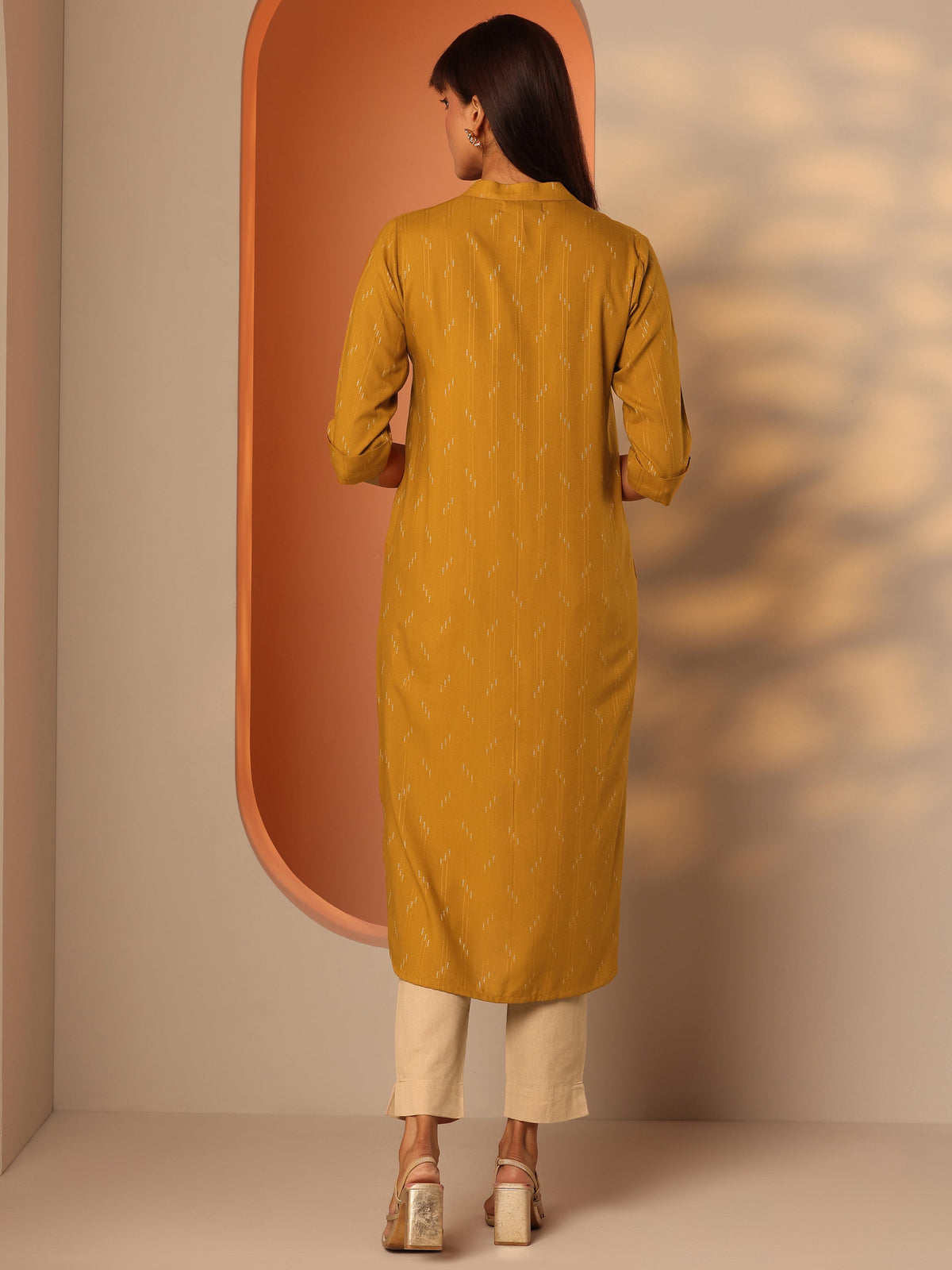 Gerua Mustard Woven Design Rayon Straight Kurta