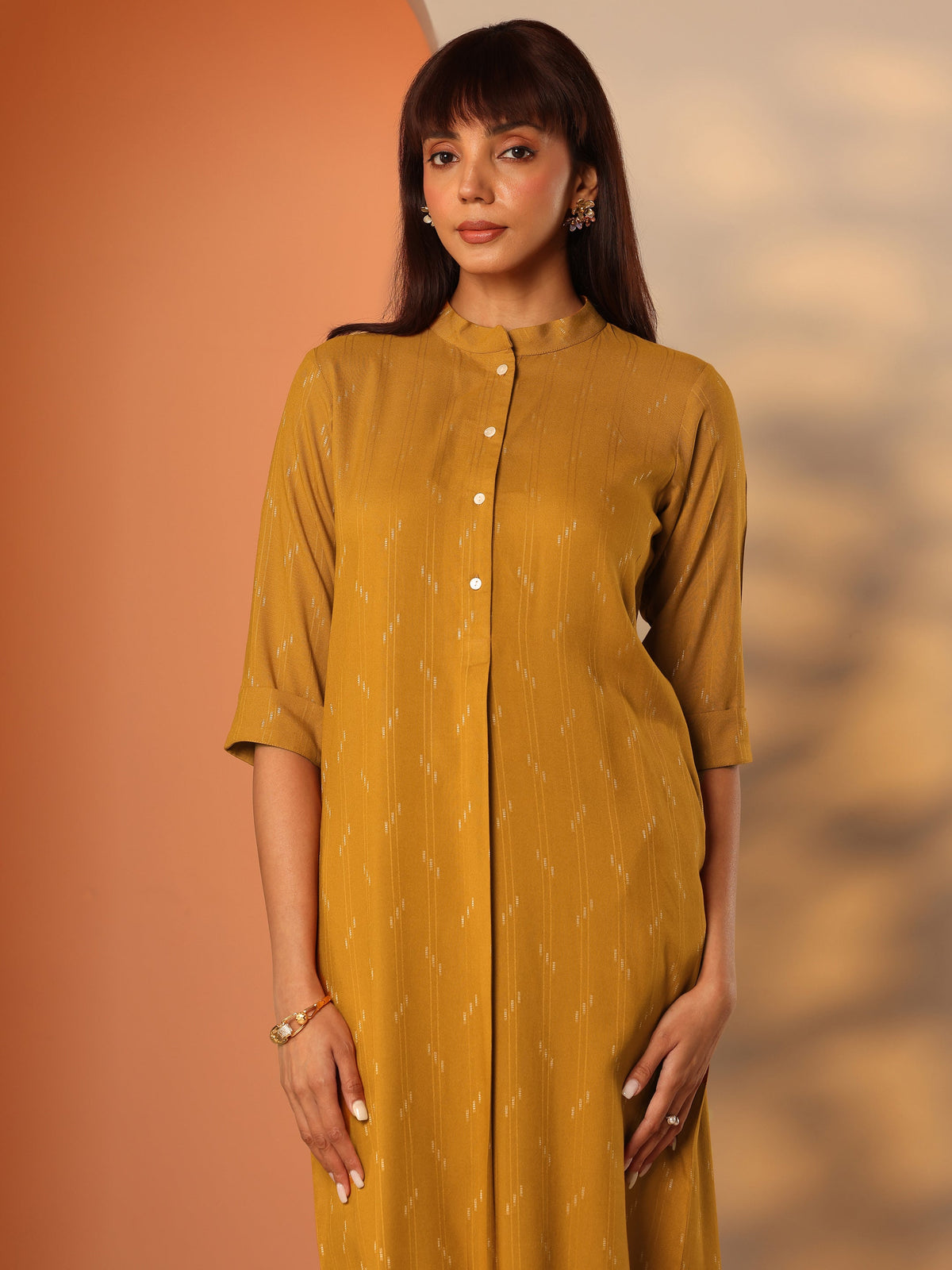Gerua Mustard Woven Design Rayon Straight Kurta