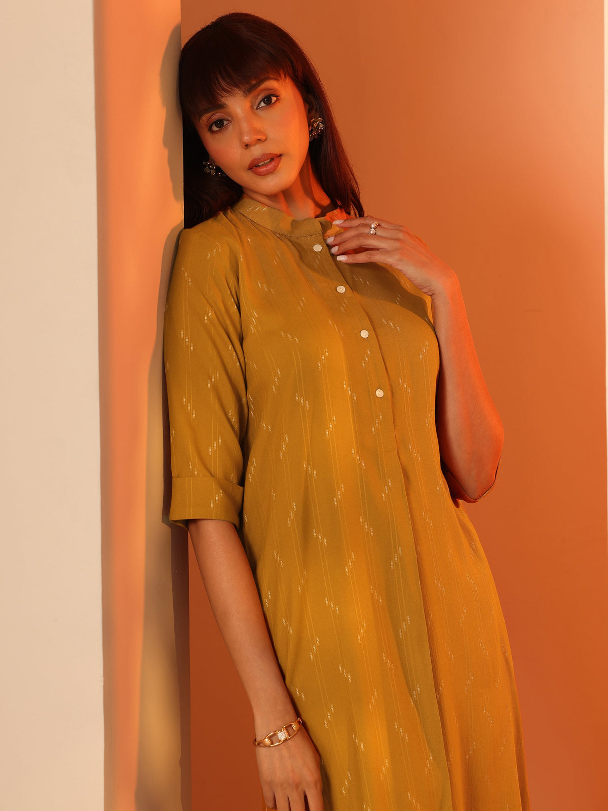 Gerua Mustard Woven Design Rayon Straight Kurta