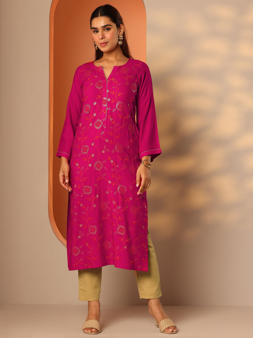 Gerua Pink Embroidered Rayon Straight Kurta