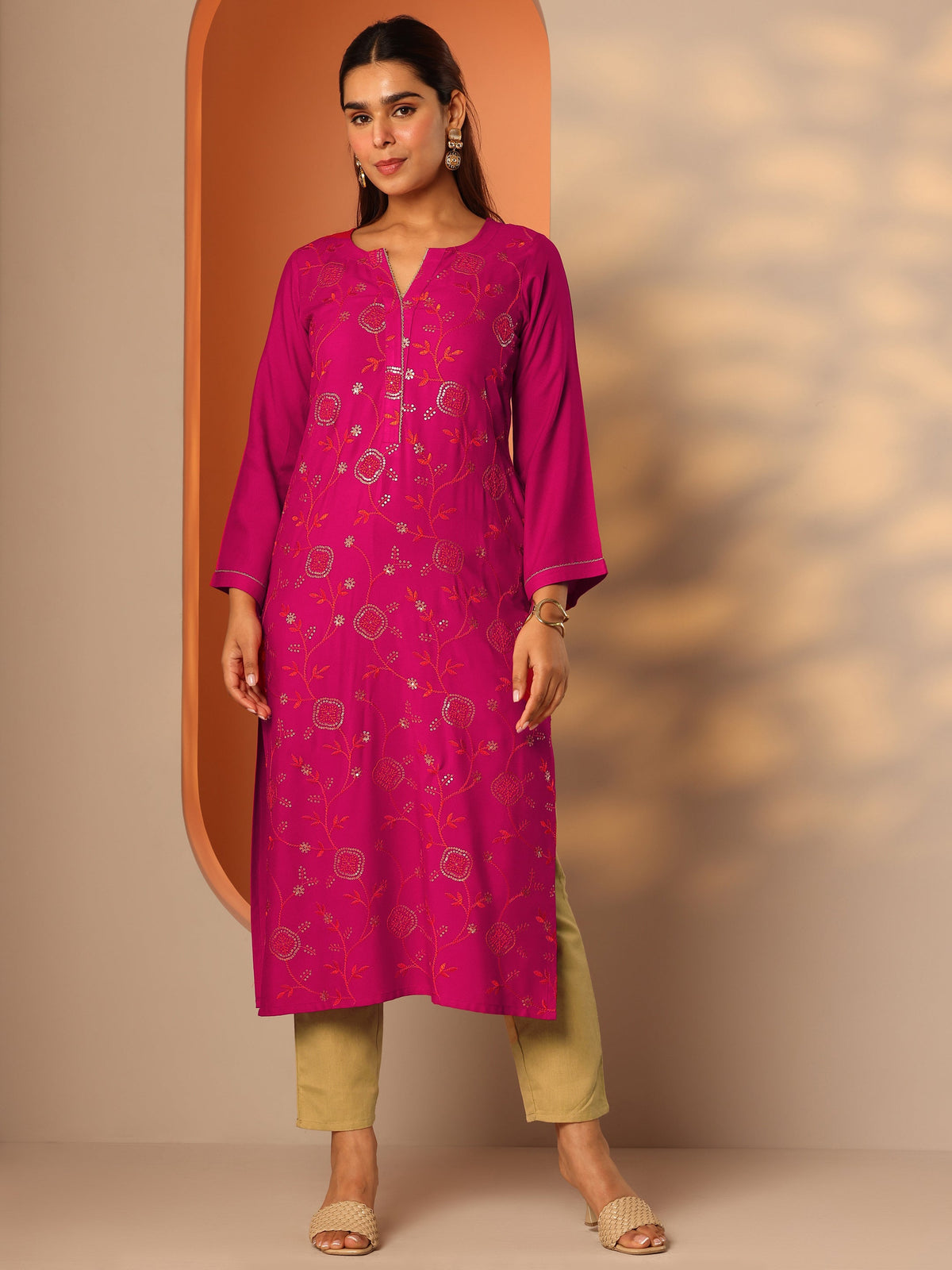 Gerua Pink Embroidered Rayon Straight Kurta