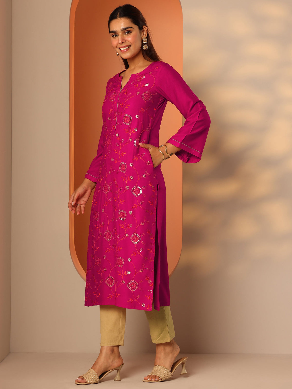 Gerua Pink Embroidered Rayon Straight Kurta