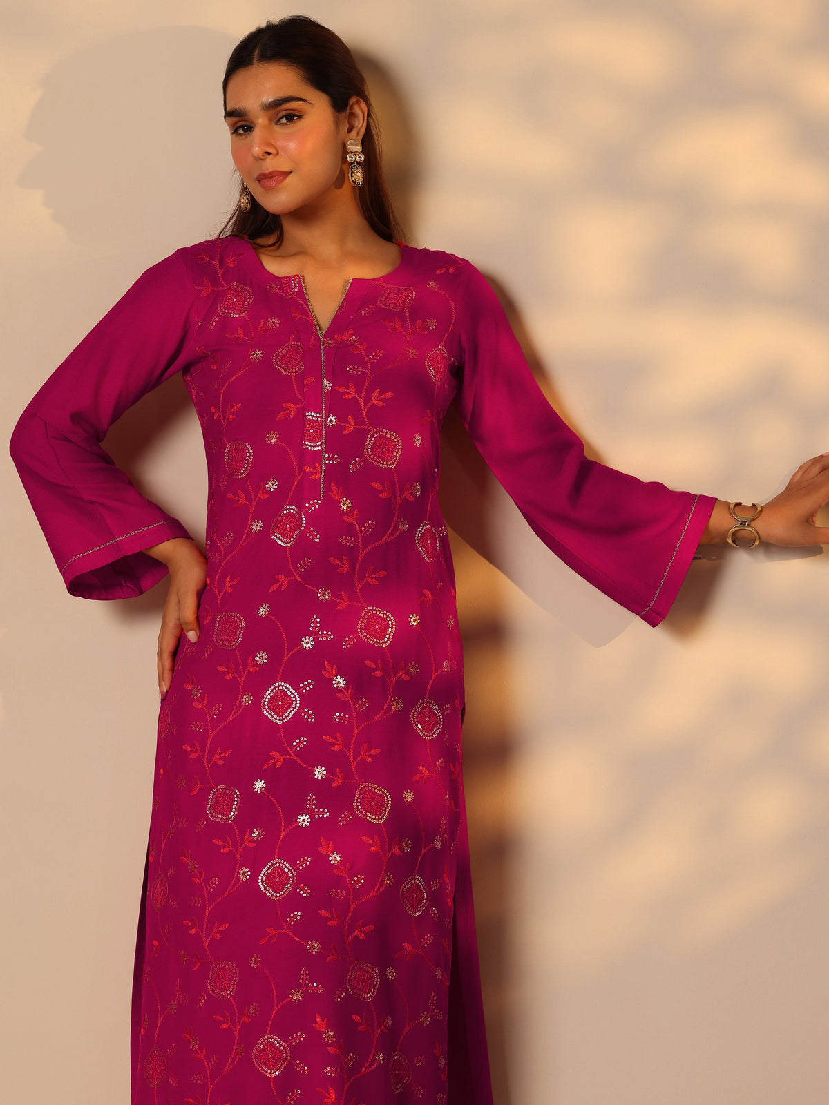Gerua Pink Embroidered Rayon Straight Kurta