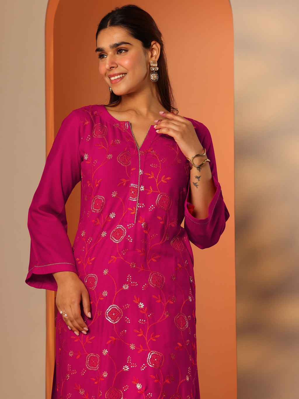 Gerua Pink Embroidered Rayon Straight Kurta