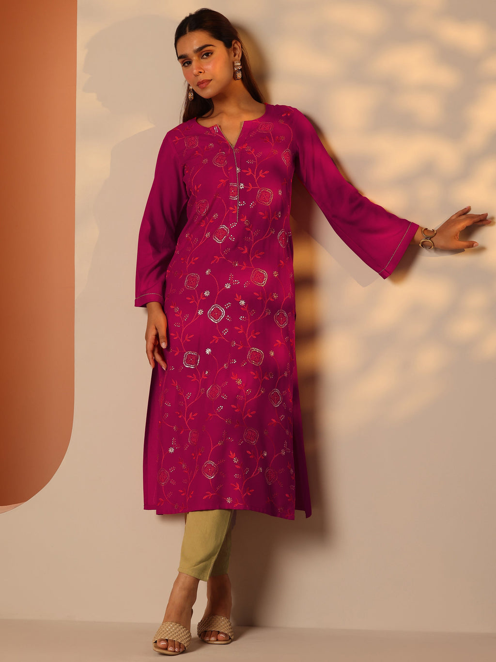 Gerua Pink Embroidered Rayon Straight Kurta