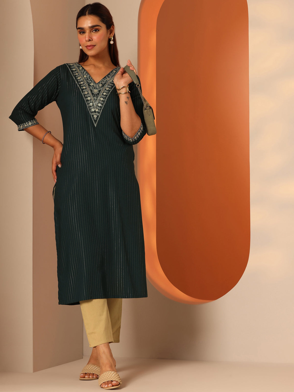 Gerua Green Embellished Rayon Straight Kurta