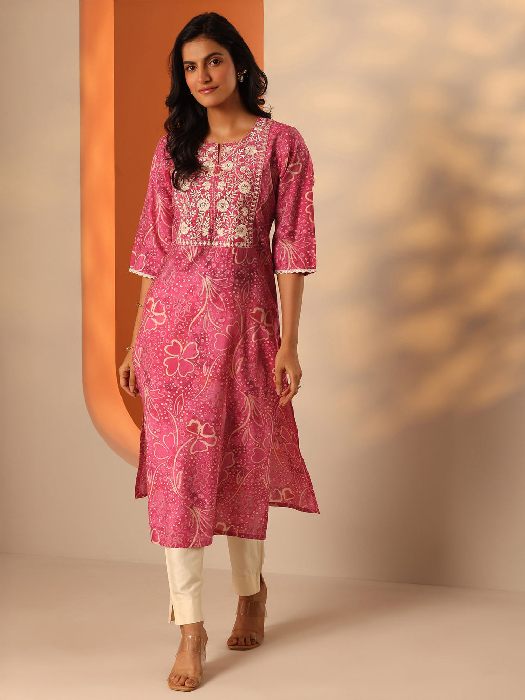 Gerua Pink Printed Silk Blend Straight Kurta