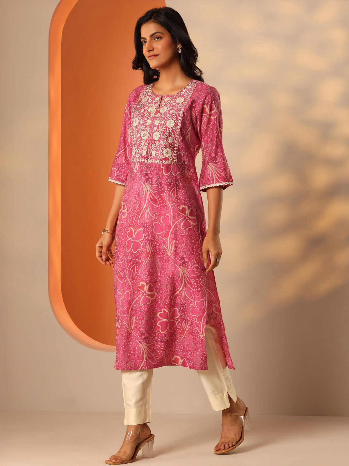 Gerua Pink Printed Silk Blend Straight Kurta