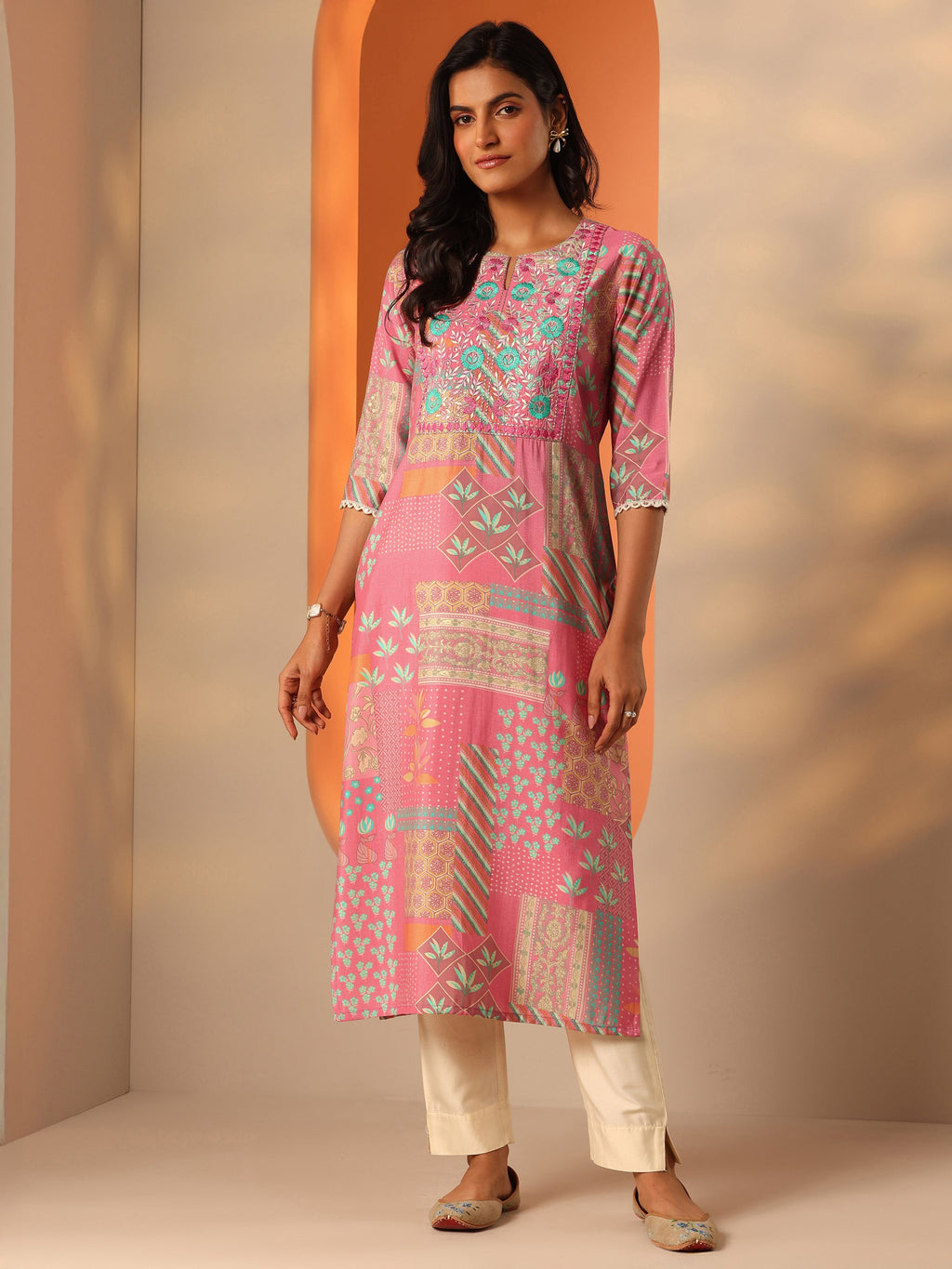 Libas Pink Printed Silk Blend Straight Kurta