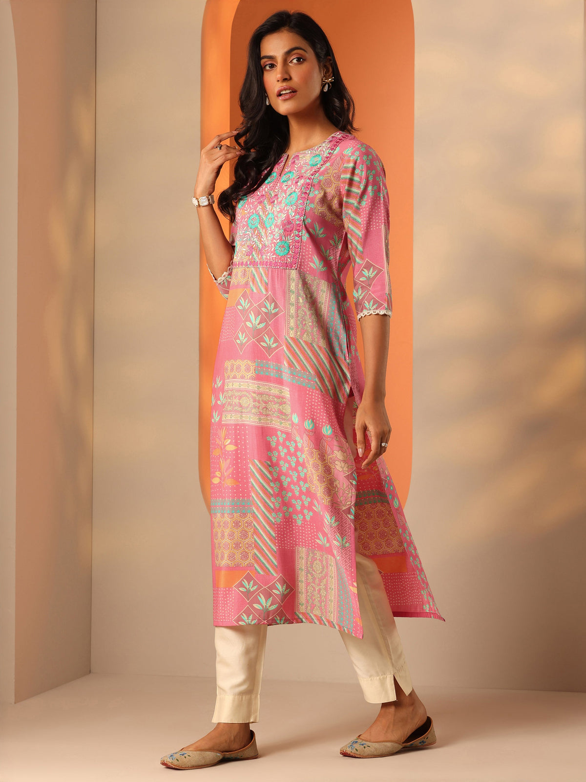 Libas Pink Printed Silk Blend Straight Kurta