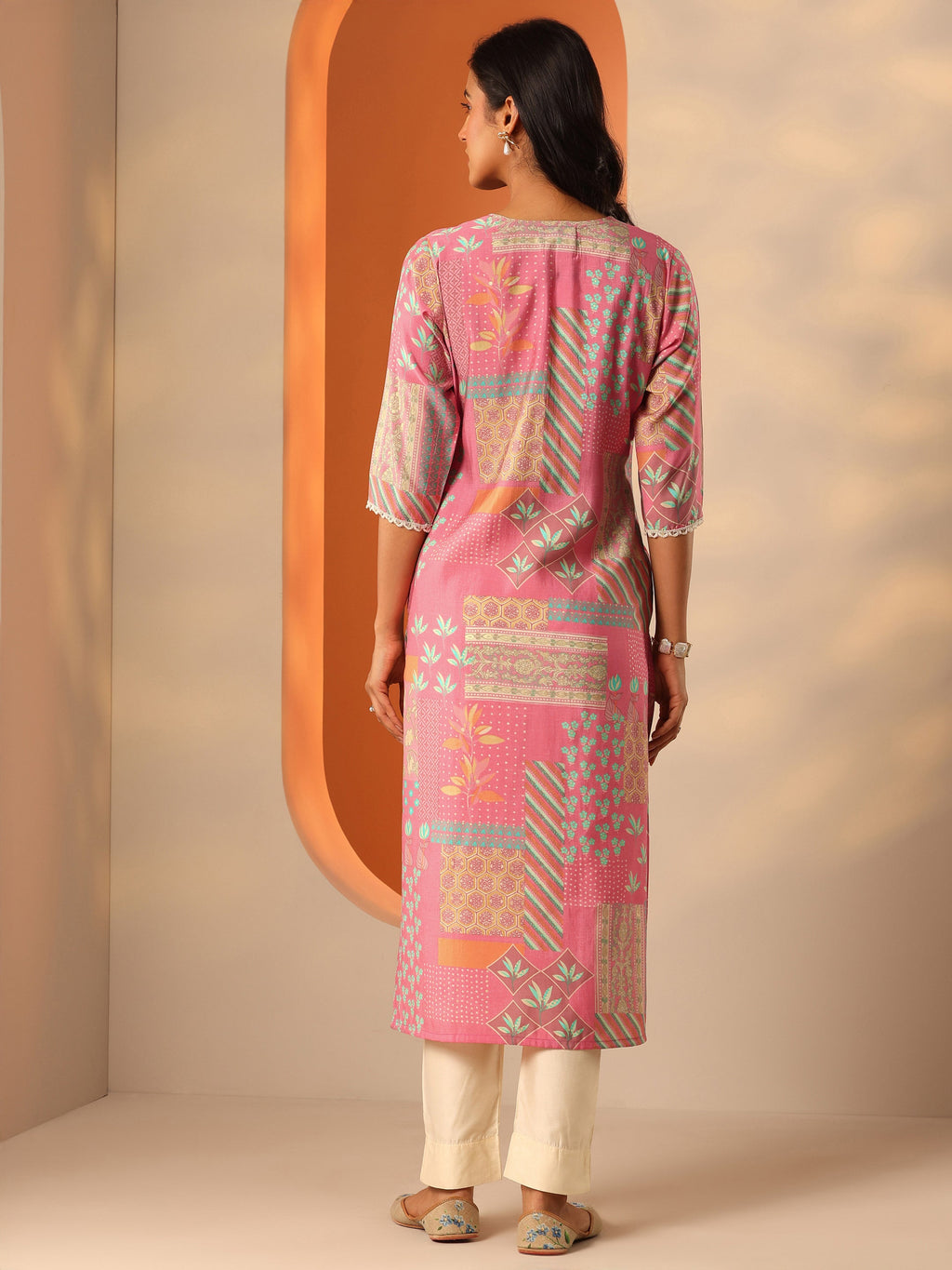 Libas Pink Printed Silk Blend Straight Kurta