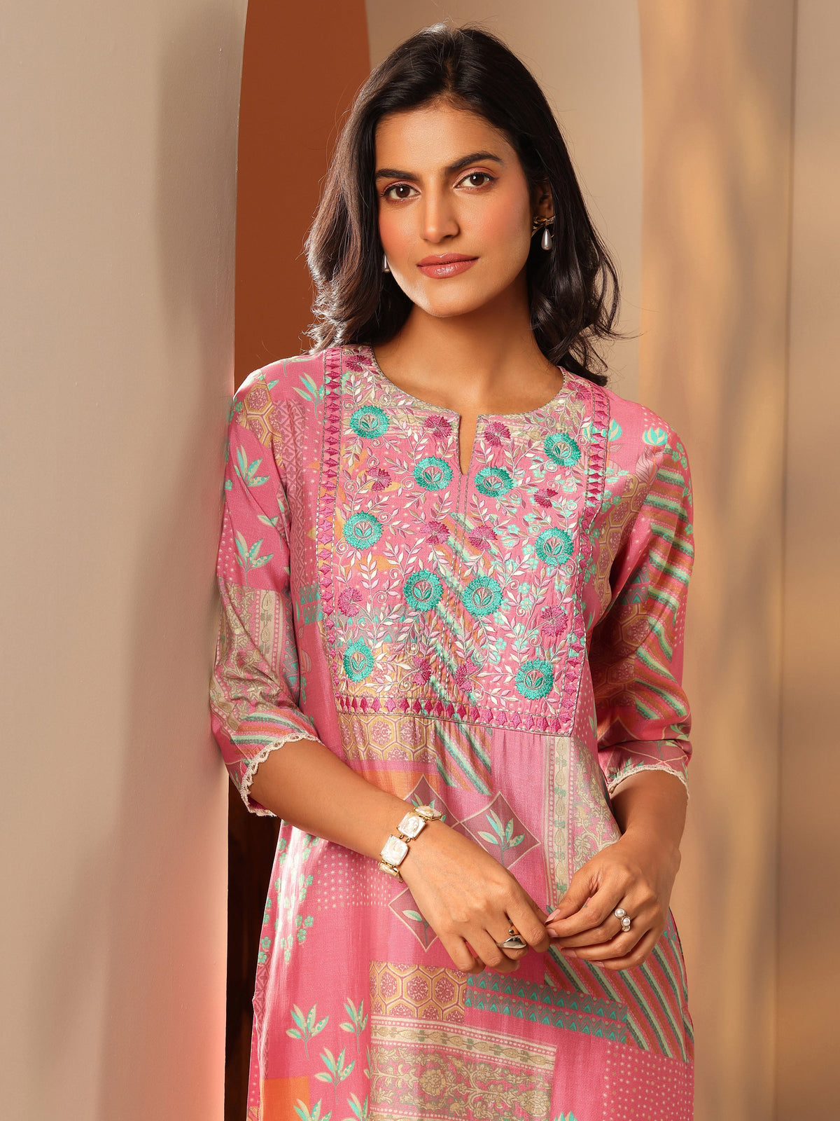 Libas Pink Printed Silk Blend Straight Kurta