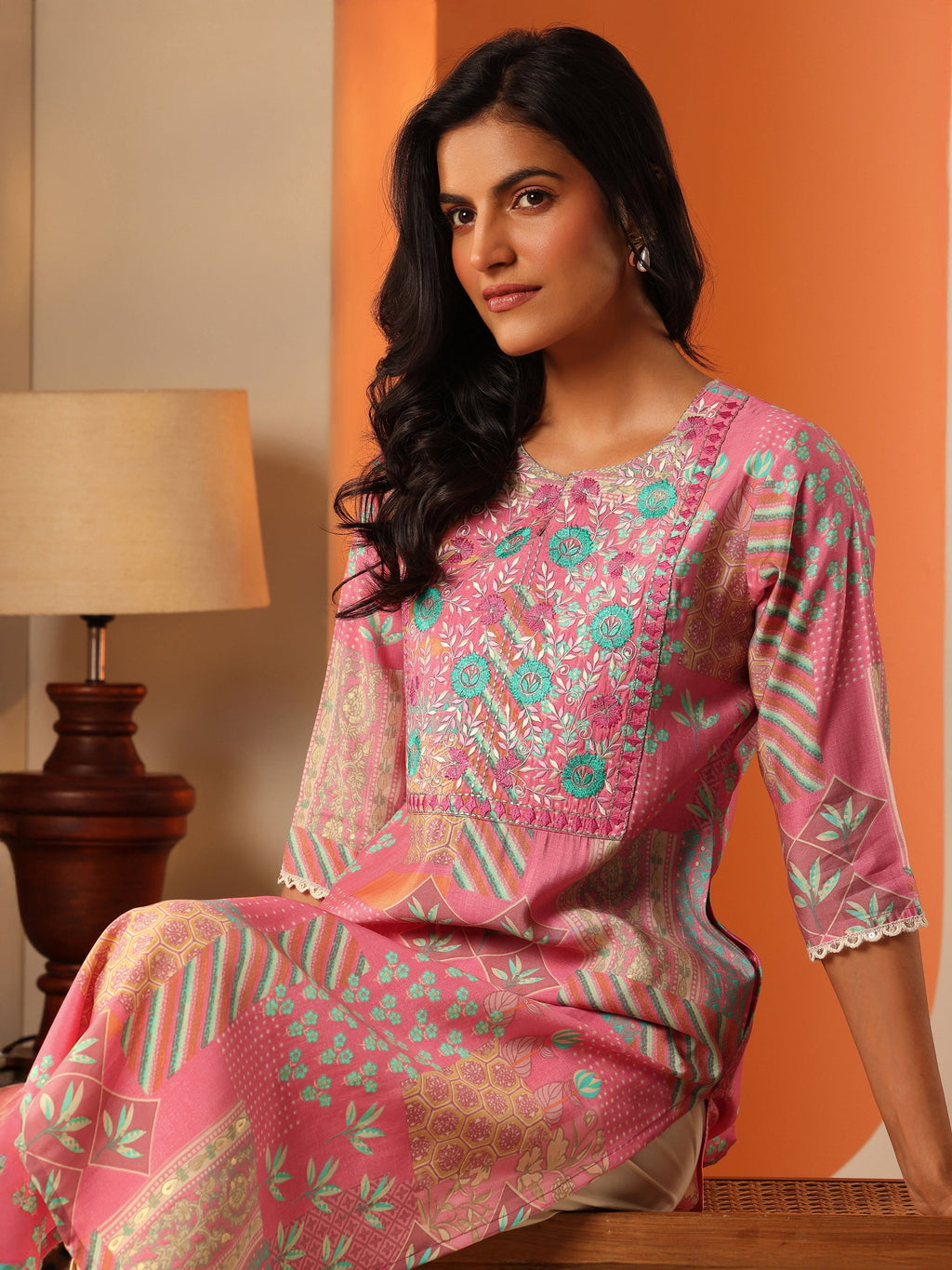 Libas Pink Printed Silk Blend Straight Kurta