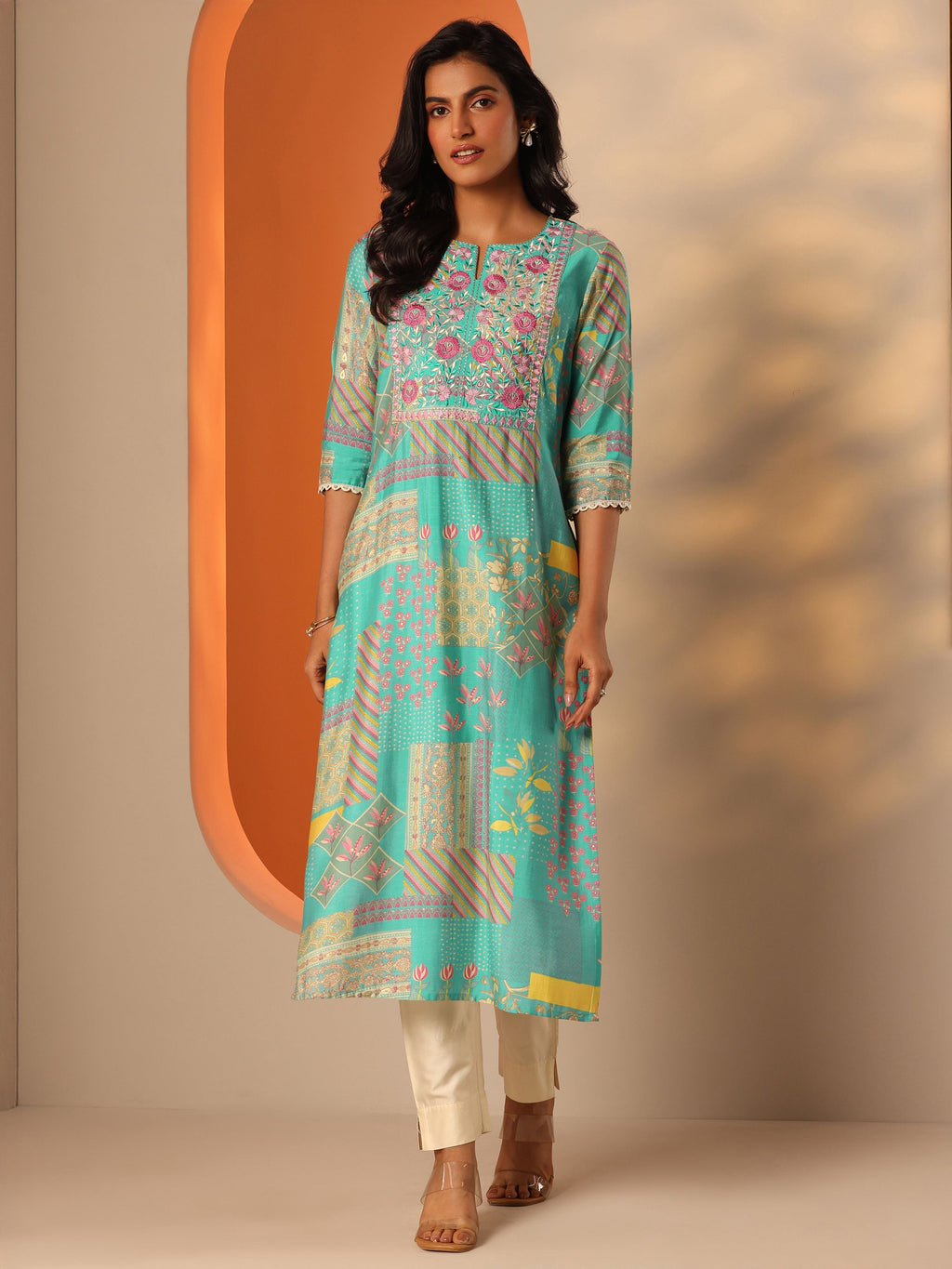 Libas Blue Printed Silk Blend Straight Kurta