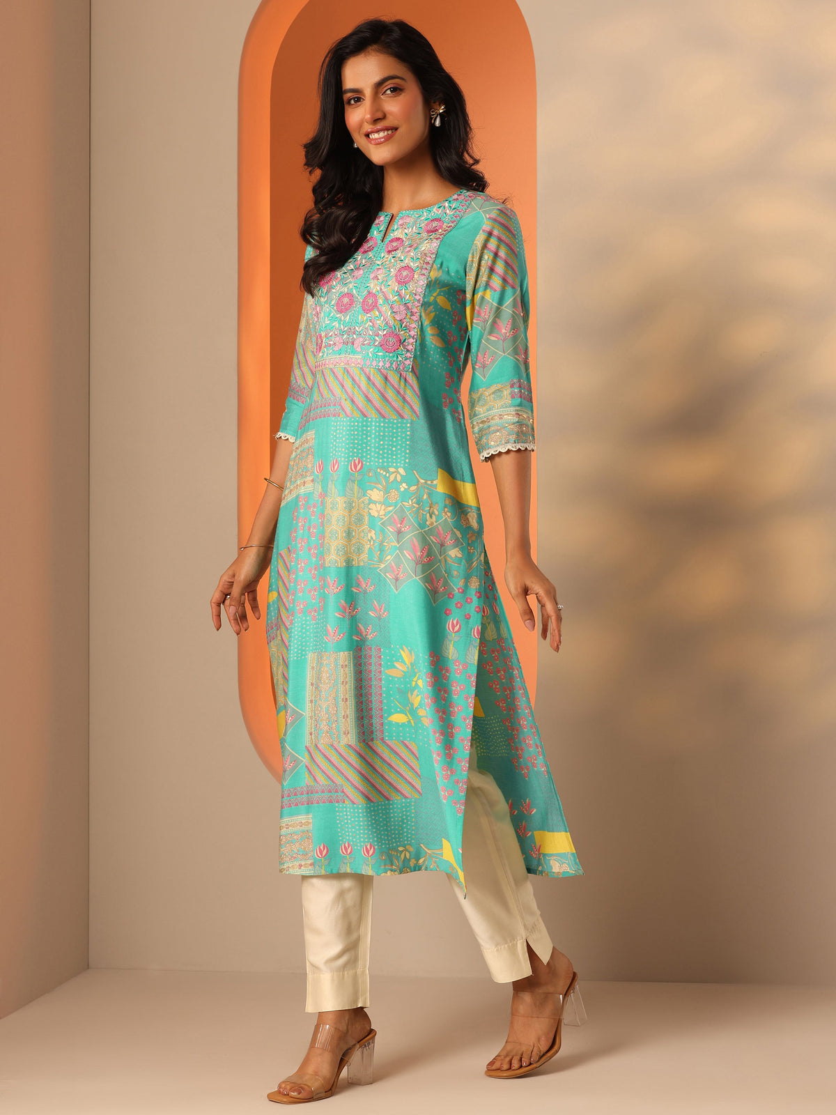 Libas Blue Printed Silk Blend Straight Kurta