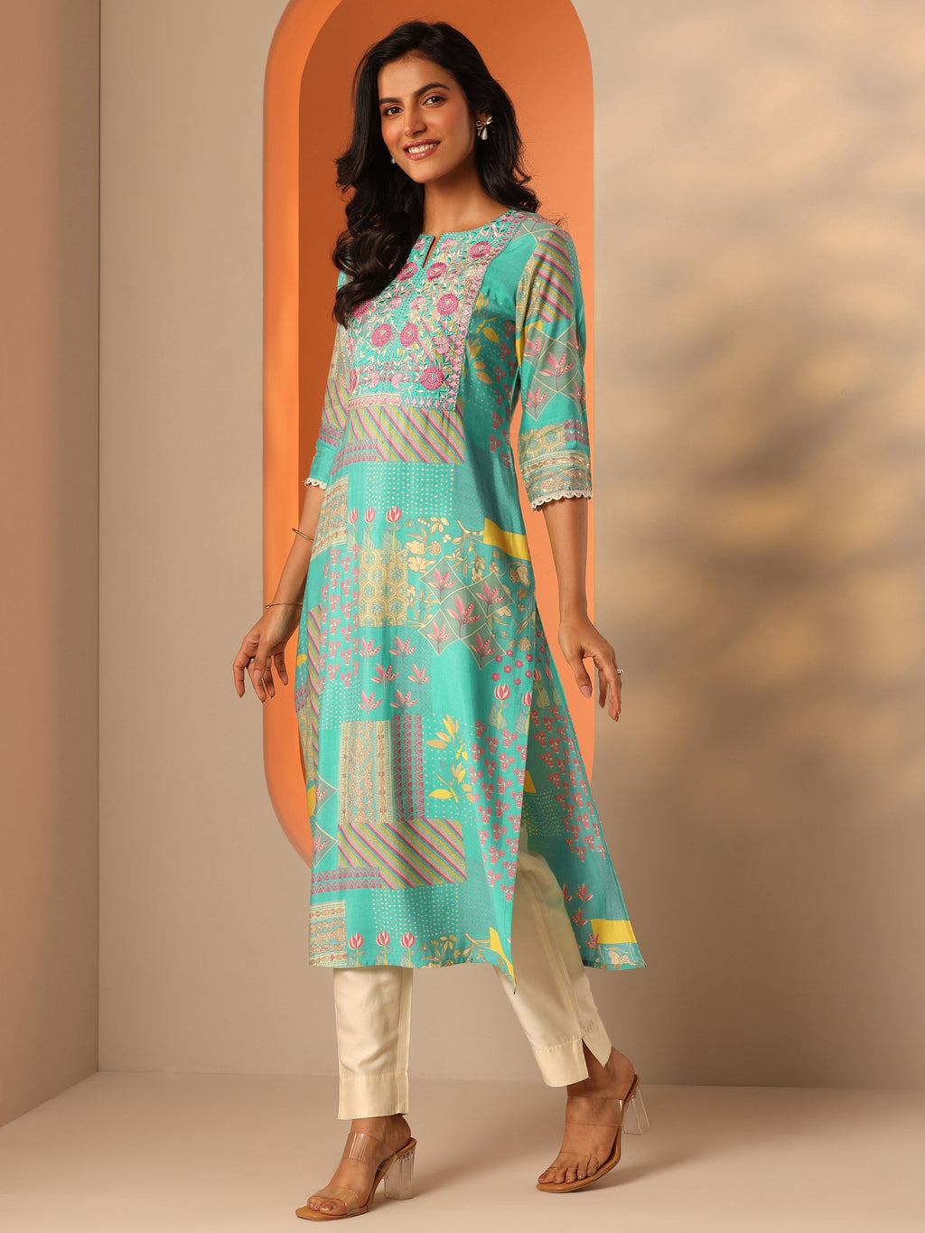 Libas Blue Printed Silk Blend Straight Kurta
