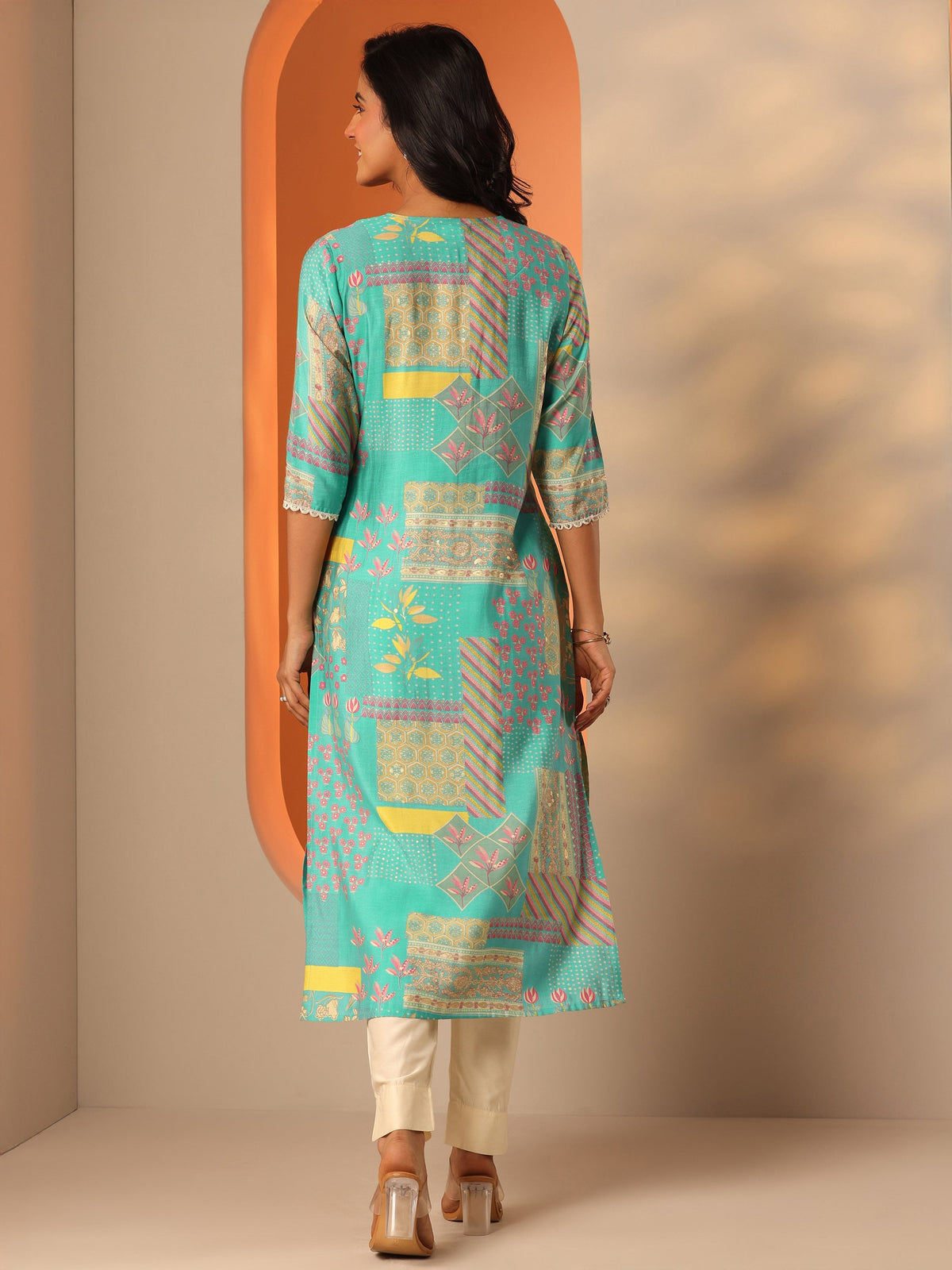 Libas Blue Printed Silk Blend Straight Kurta