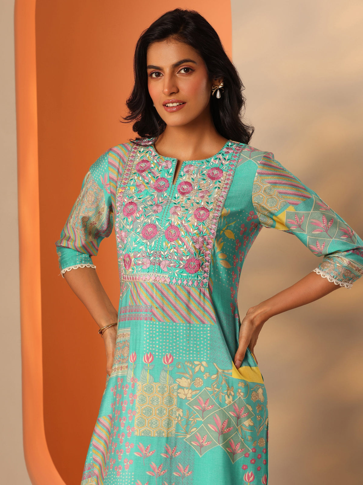 Libas Blue Printed Silk Blend Straight Kurta