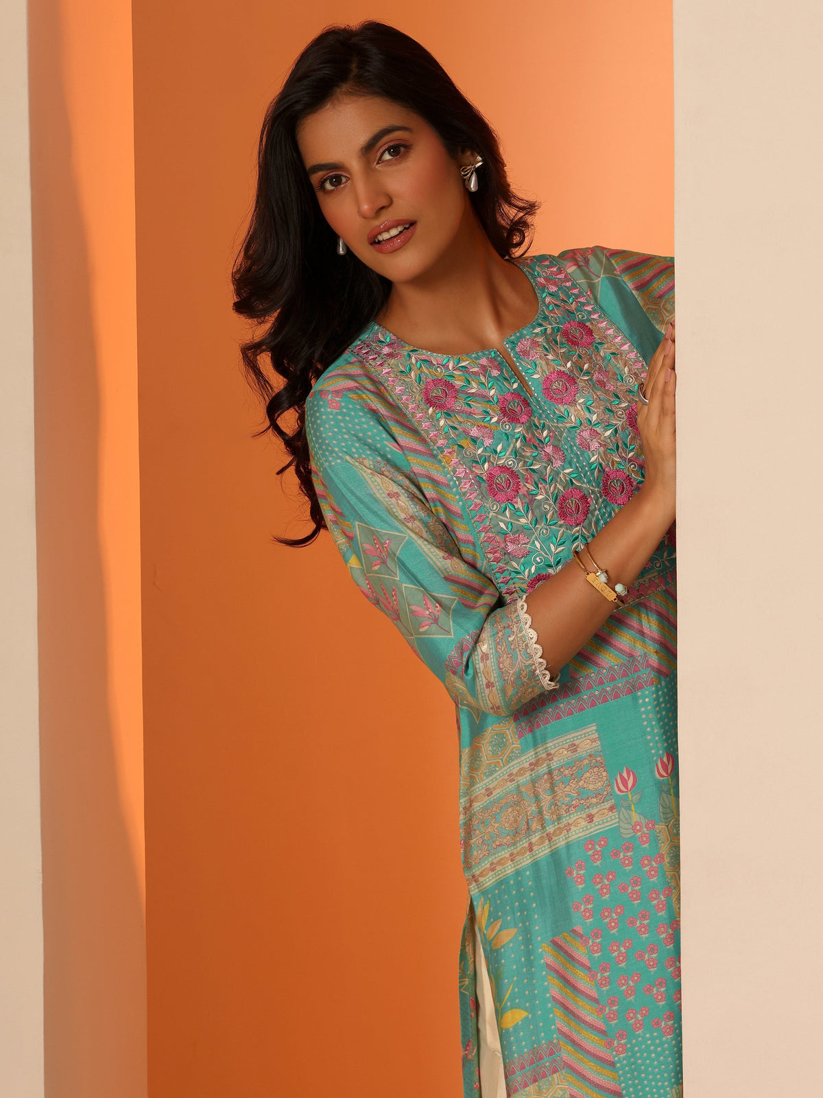 Libas Blue Printed Silk Blend Straight Kurta