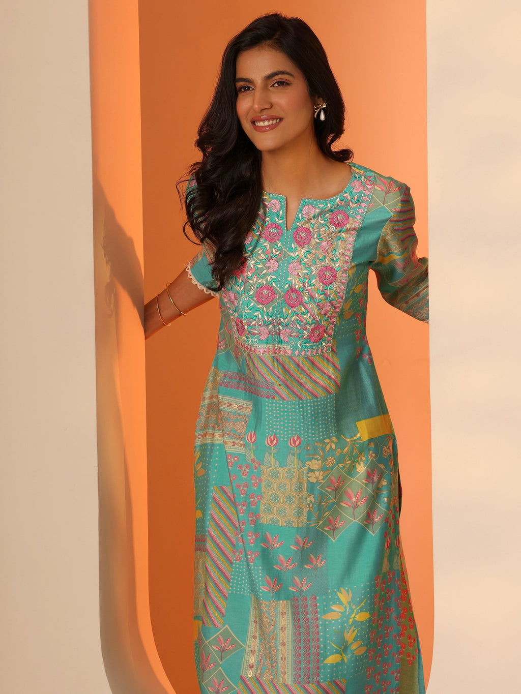Libas Blue Printed Silk Blend Straight Kurta