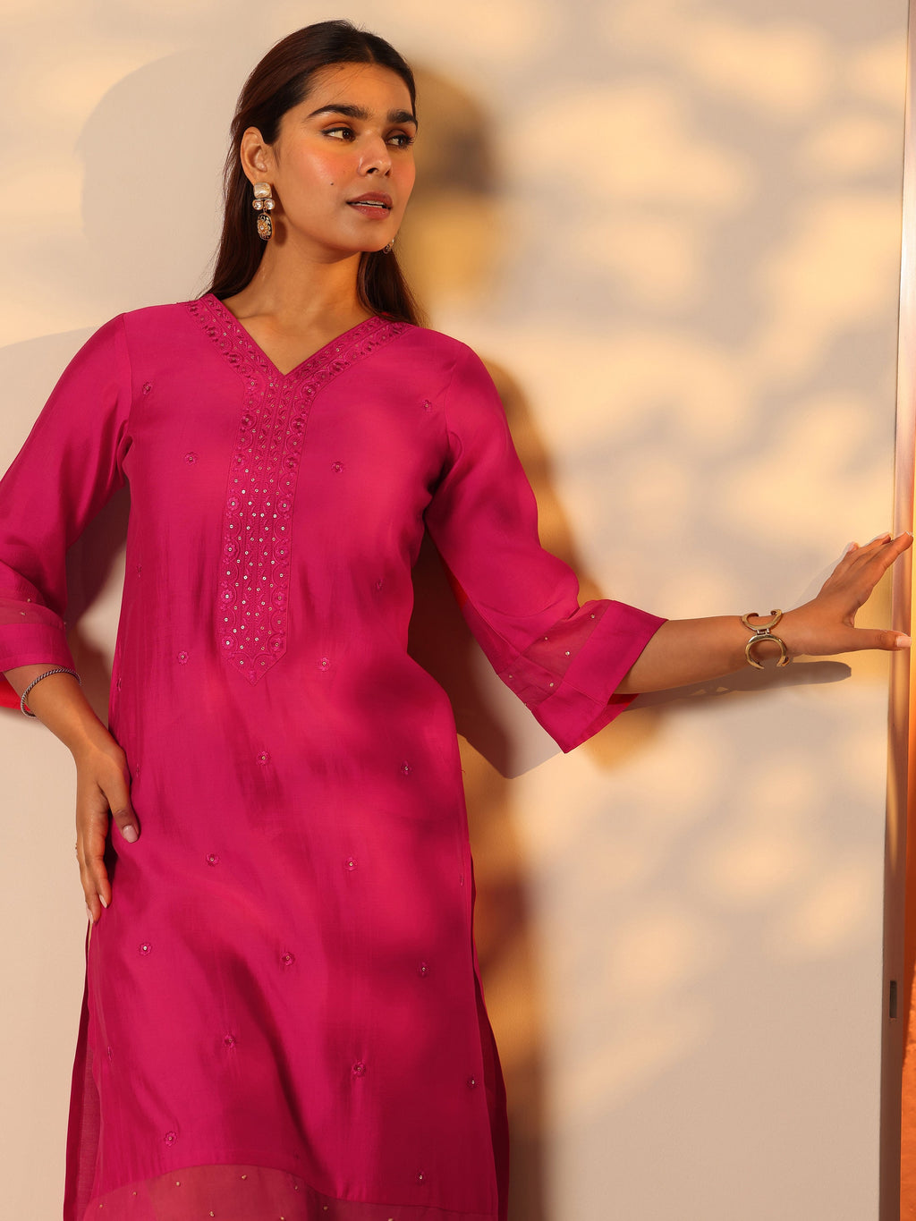 Gerua Pink Embroidered Silk Blend Straight Kurta