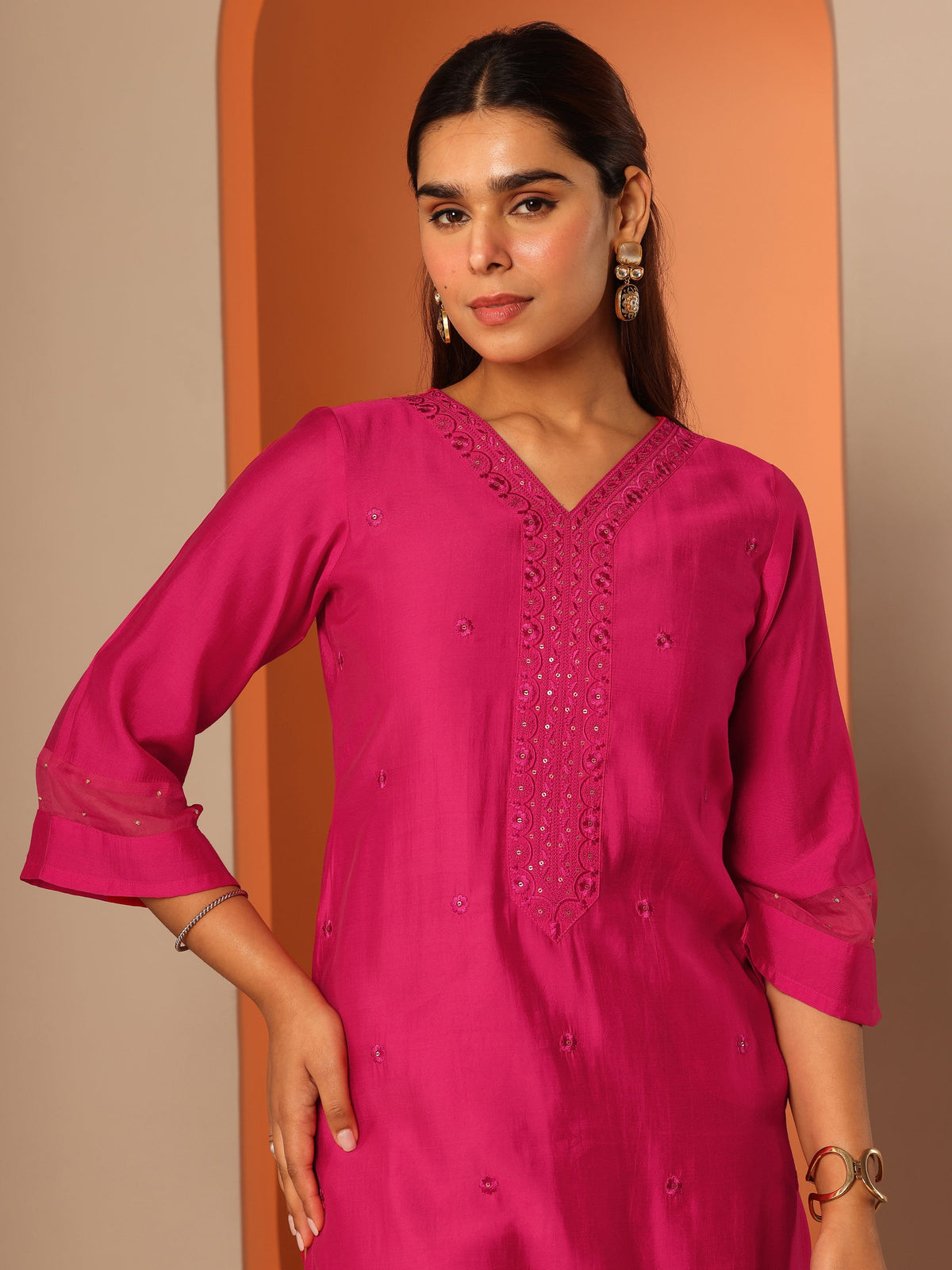 Gerua Pink Embroidered Silk Blend Straight Kurta