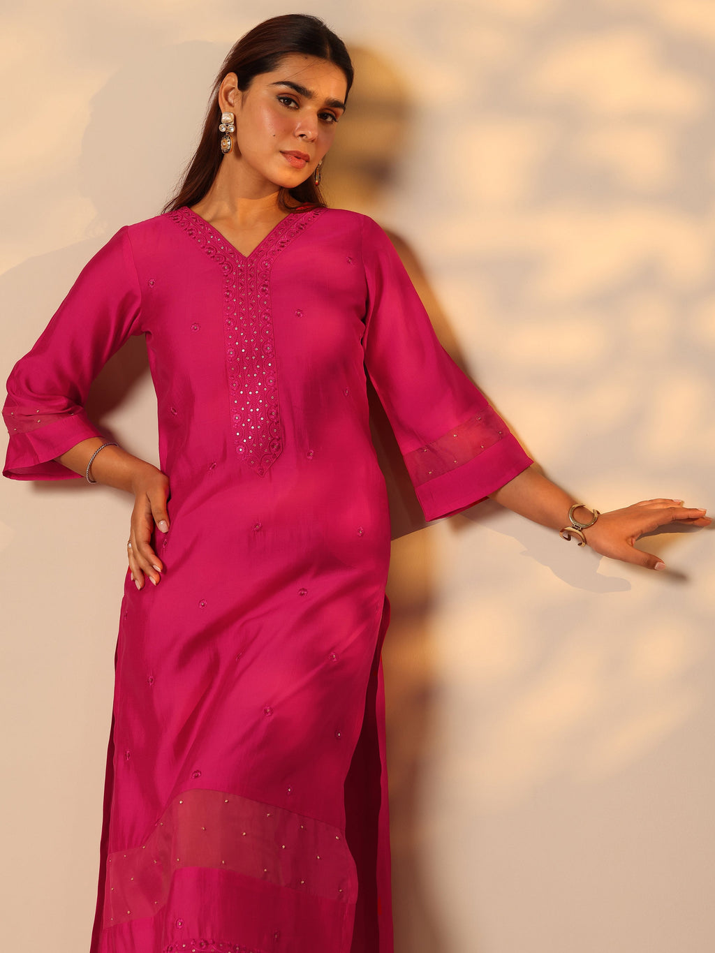 Gerua Pink Embroidered Silk Blend Straight Kurta